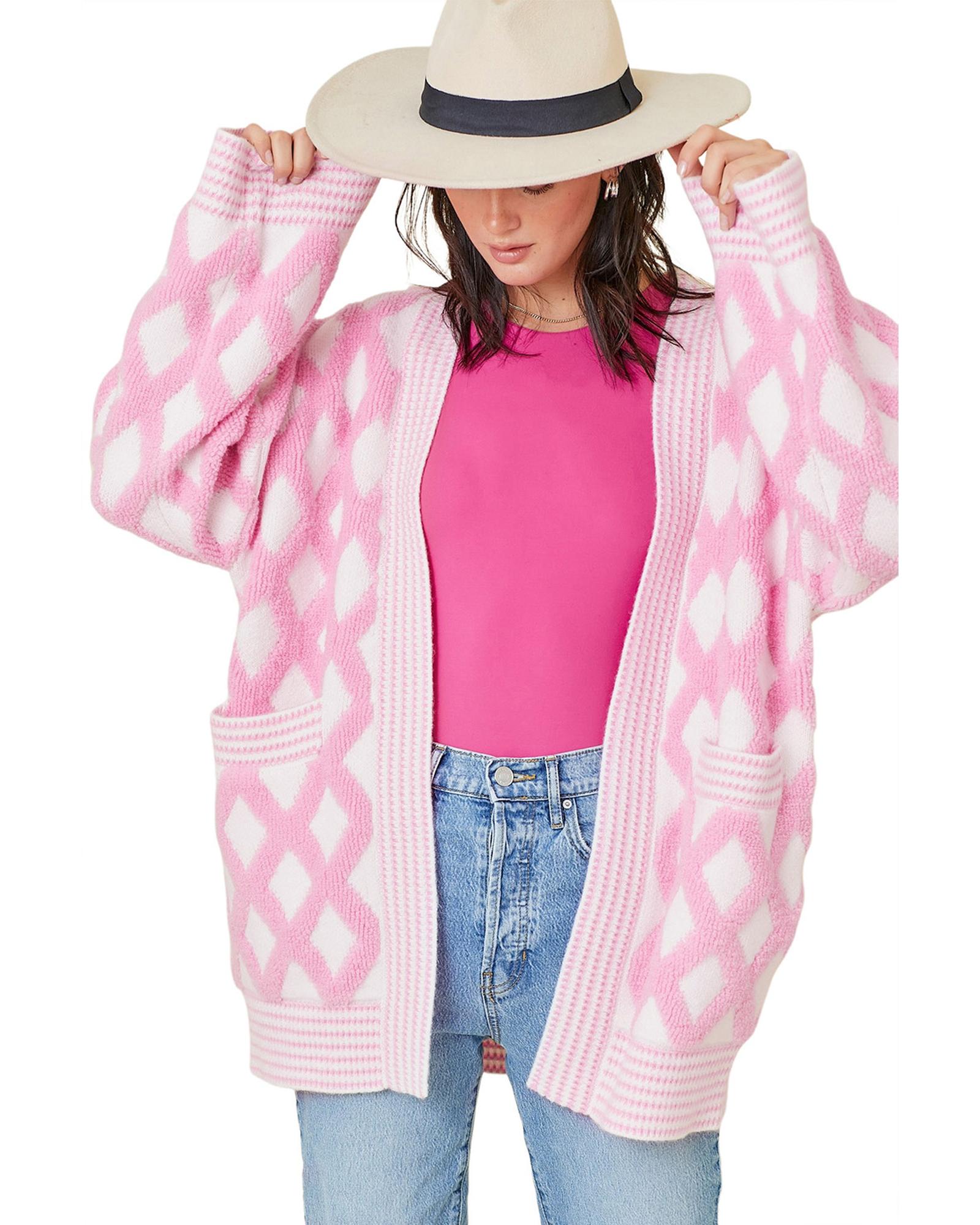 Pink Rhombus Pattern Knit Open Front Pocketed Cardigans - XL