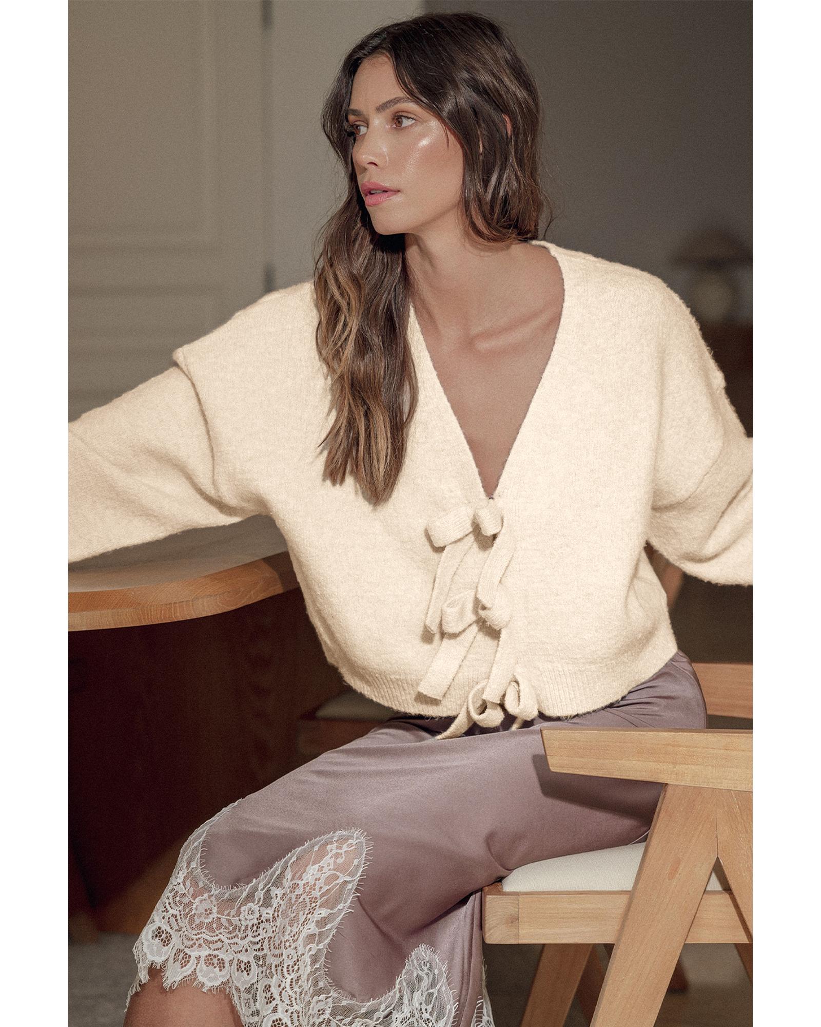 Jet Stream Bowknot Front Loose V Neck Knitted Cardigan - L