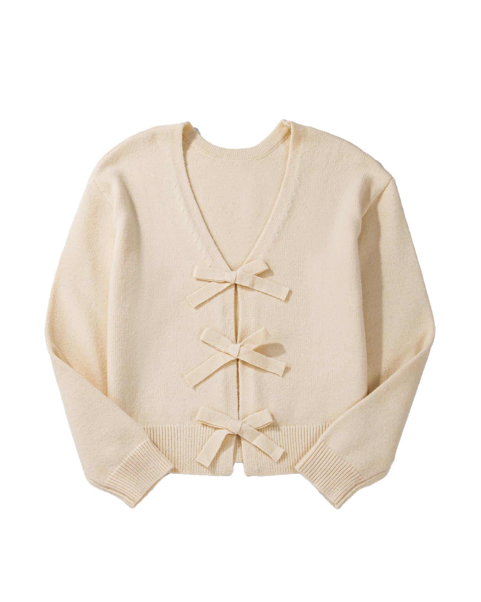 Jet Stream Bowknot Front Loose V Neck Knitted Cardigan - L