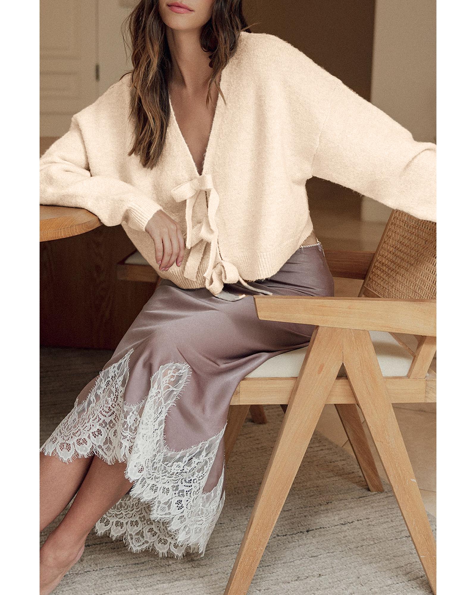 Jet Stream Bowknot Front Loose V Neck Knitted Cardigan - L