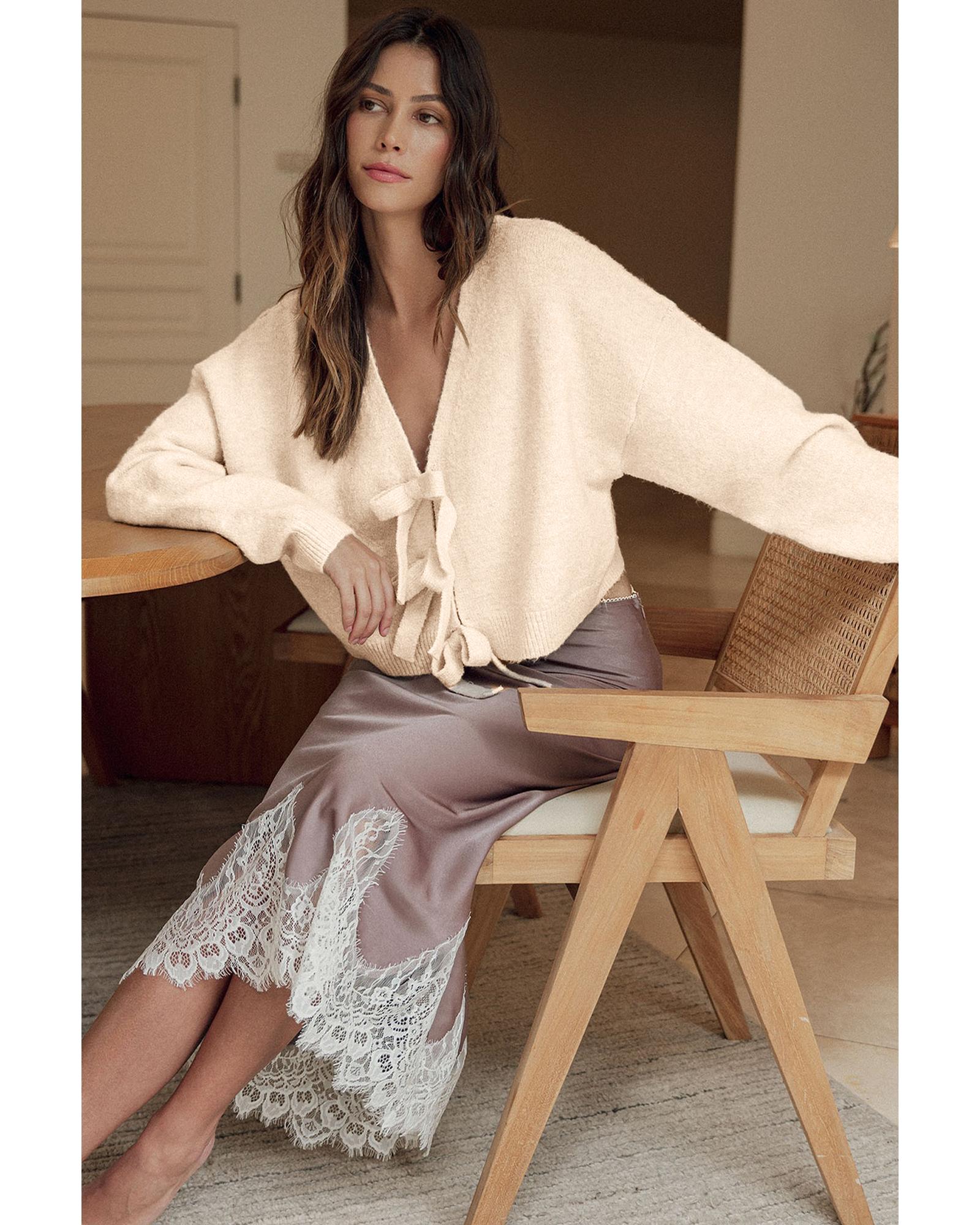 Jet Stream Bowknot Front Loose V Neck Knitted Cardigan - L