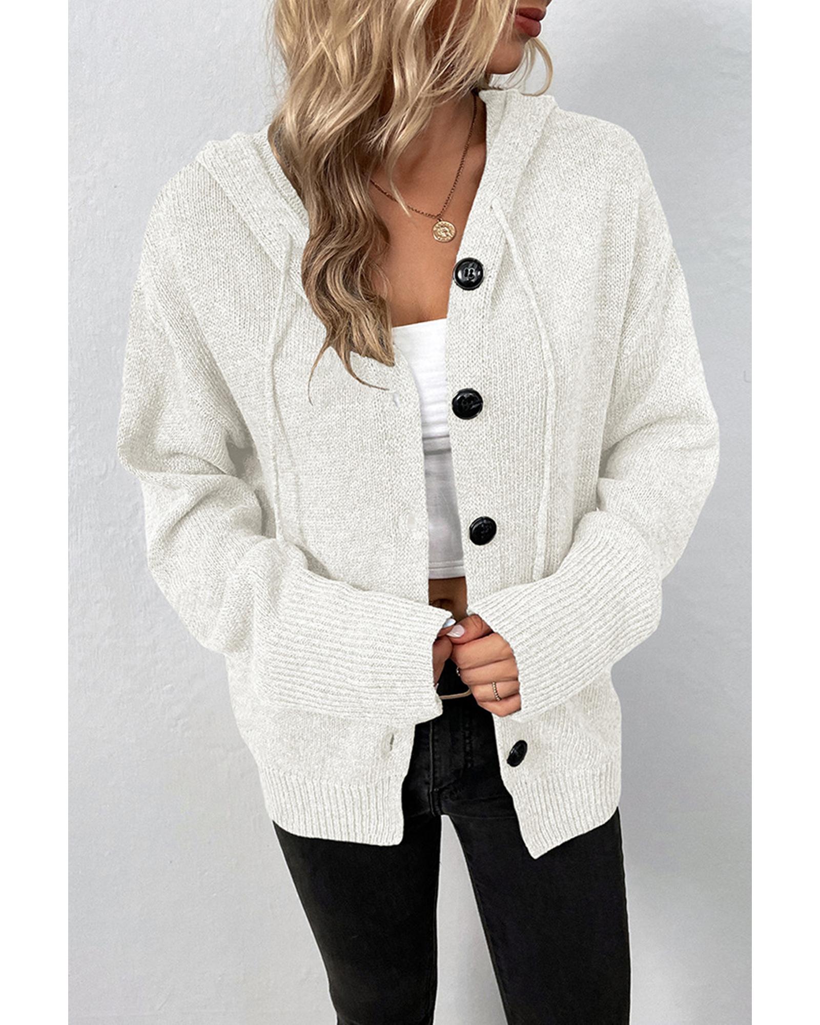White Drawstring Hooded Button Up Drop Shoulder Sweater Cardigan - S