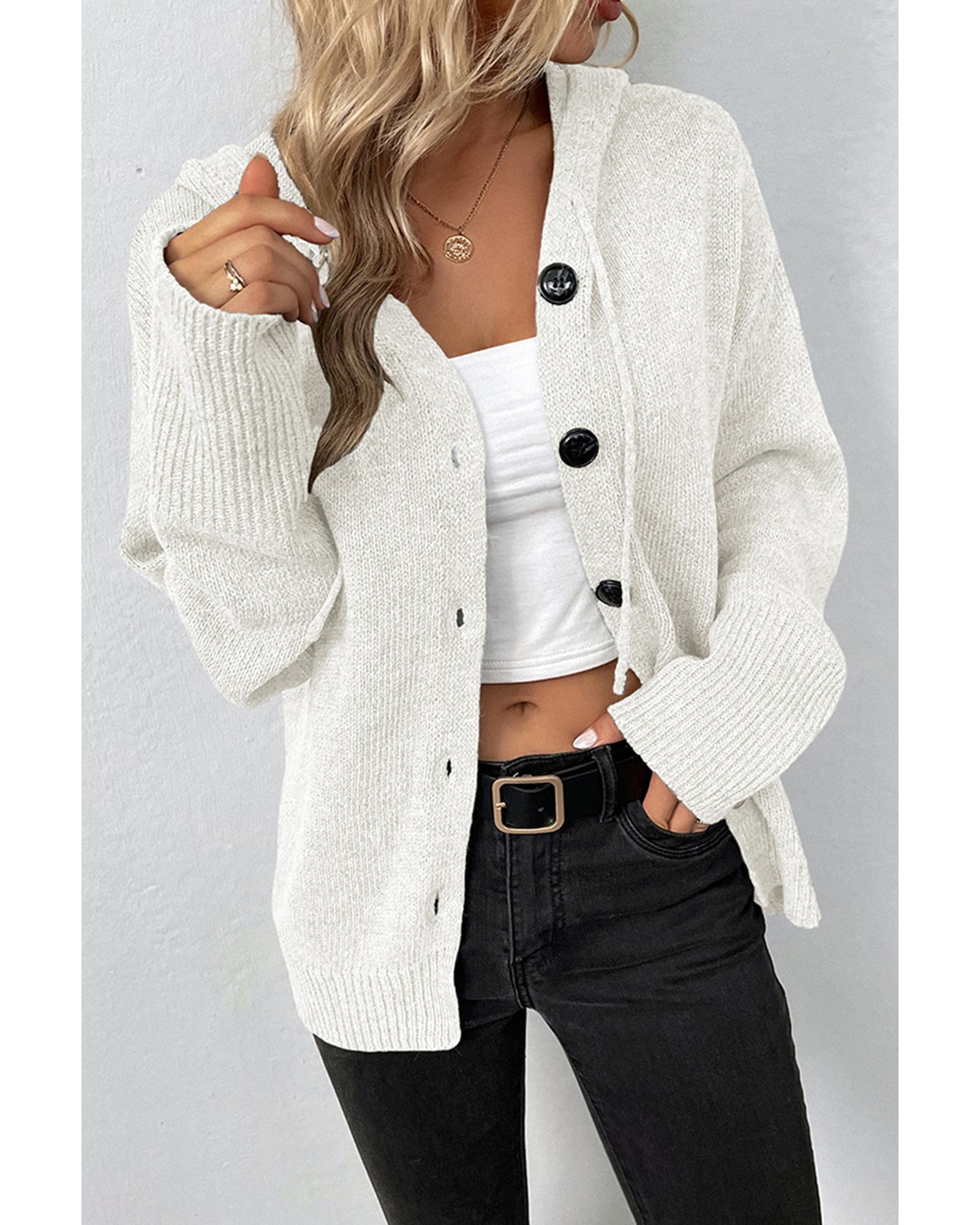 White Drawstring Hooded Button Up Drop Shoulder Sweater Cardigan - S