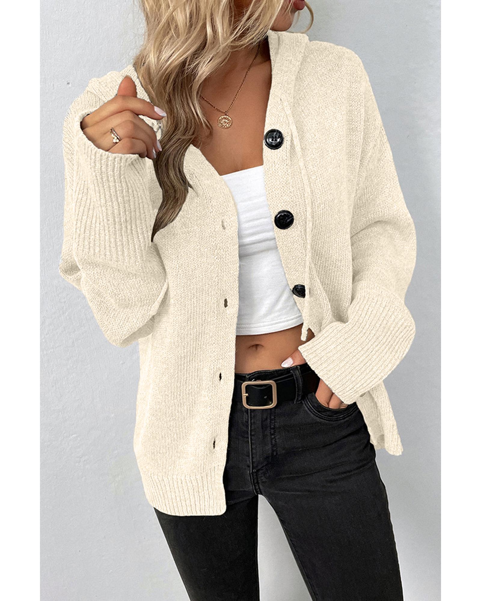 White Drawstring Hooded Button Up Drop Shoulder Sweater Cardigan - S