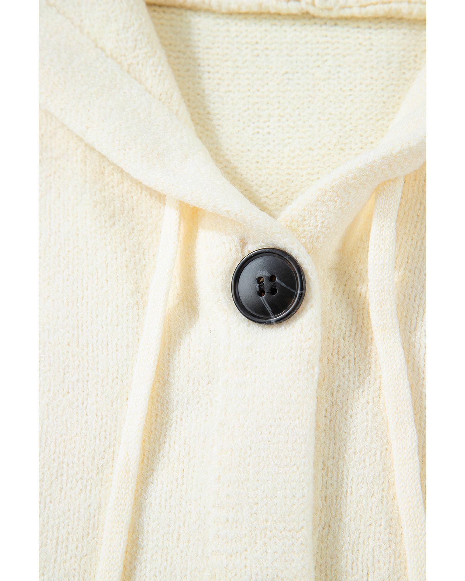 White Drawstring Hooded Button Up Drop Shoulder Sweater Cardigan - S