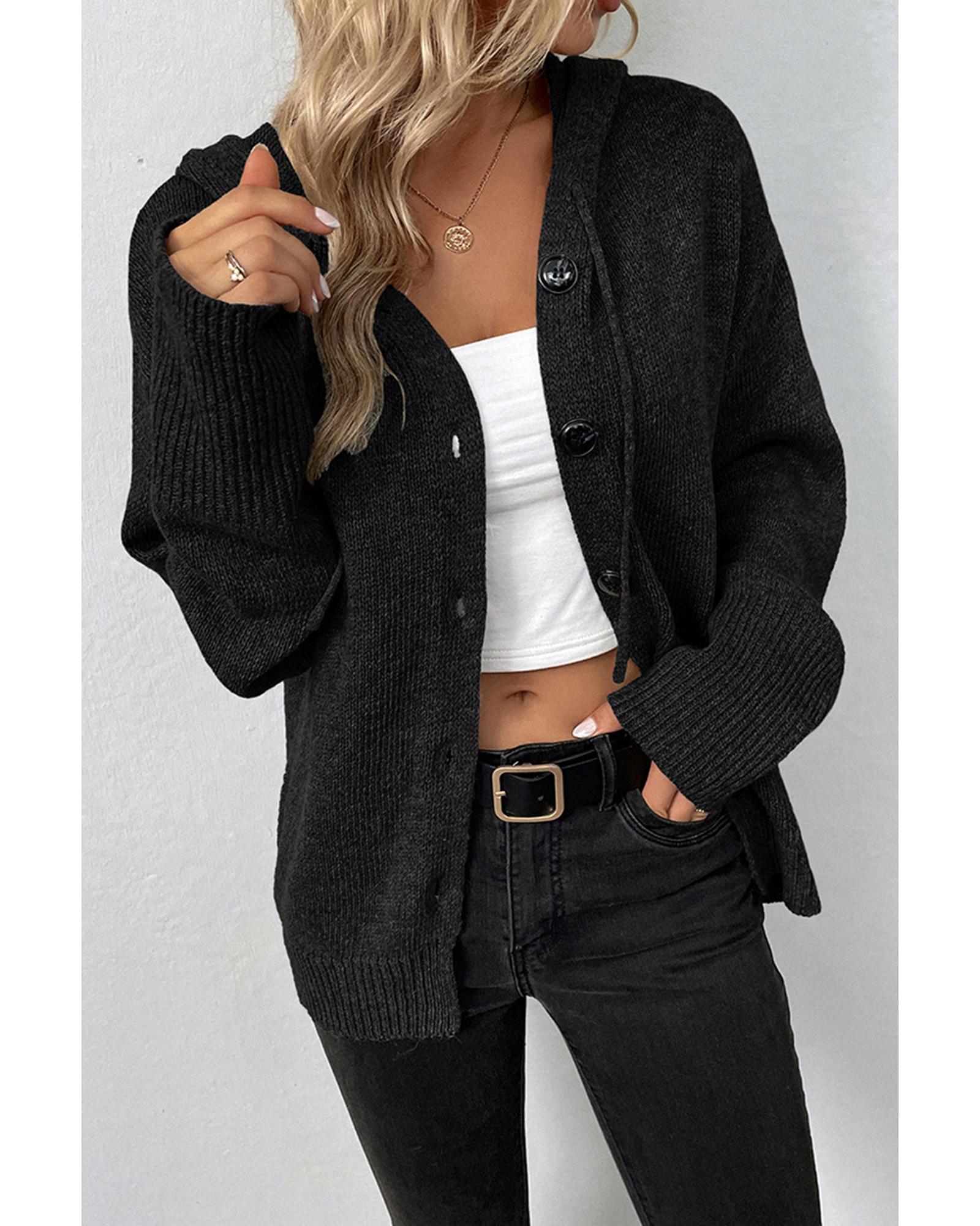 Black Drawstring Hooded Button Up Drop Shoulder Sweater Cardigan - S