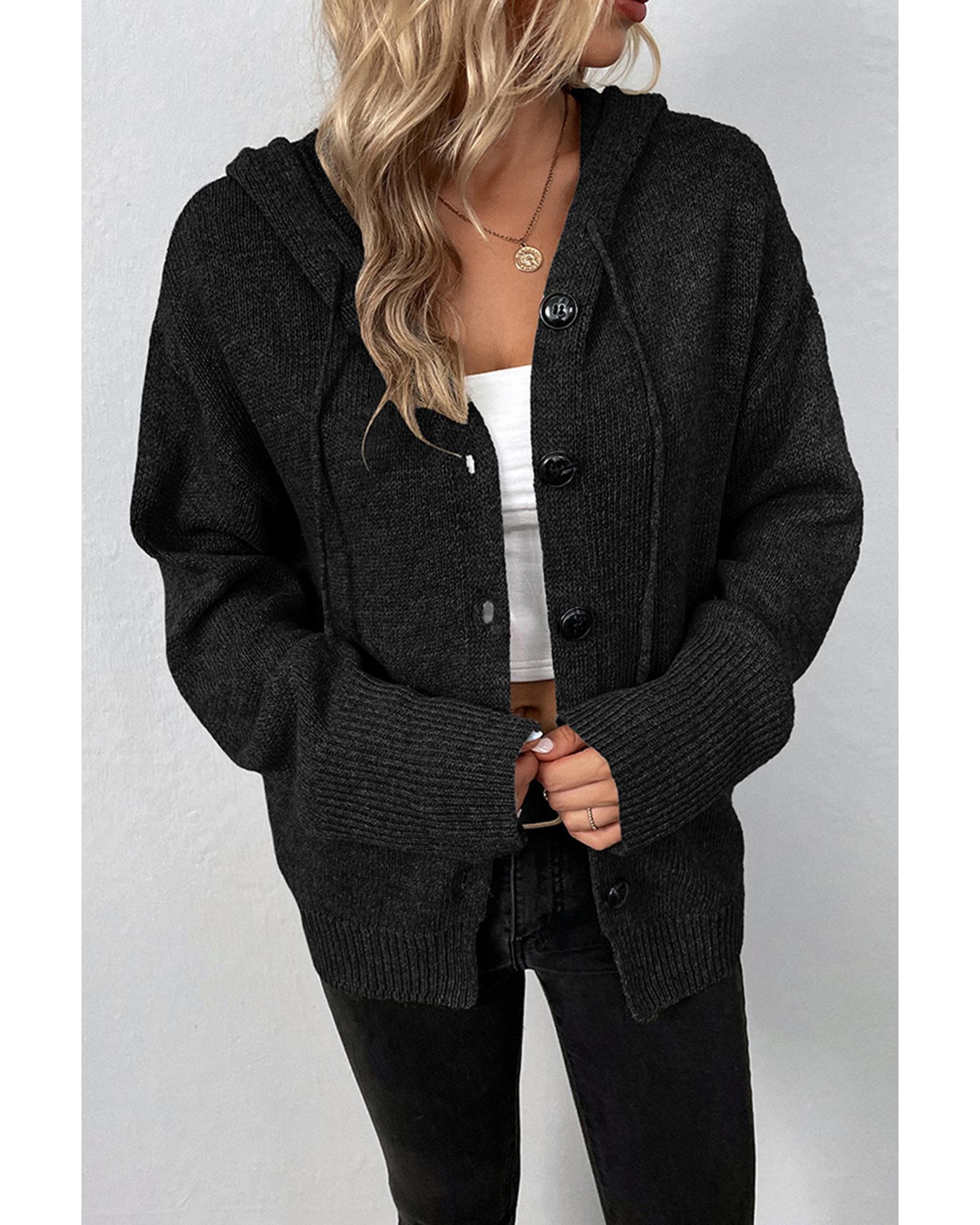 Black Drawstring Hooded Button Up Drop Shoulder Sweater Cardigan - S