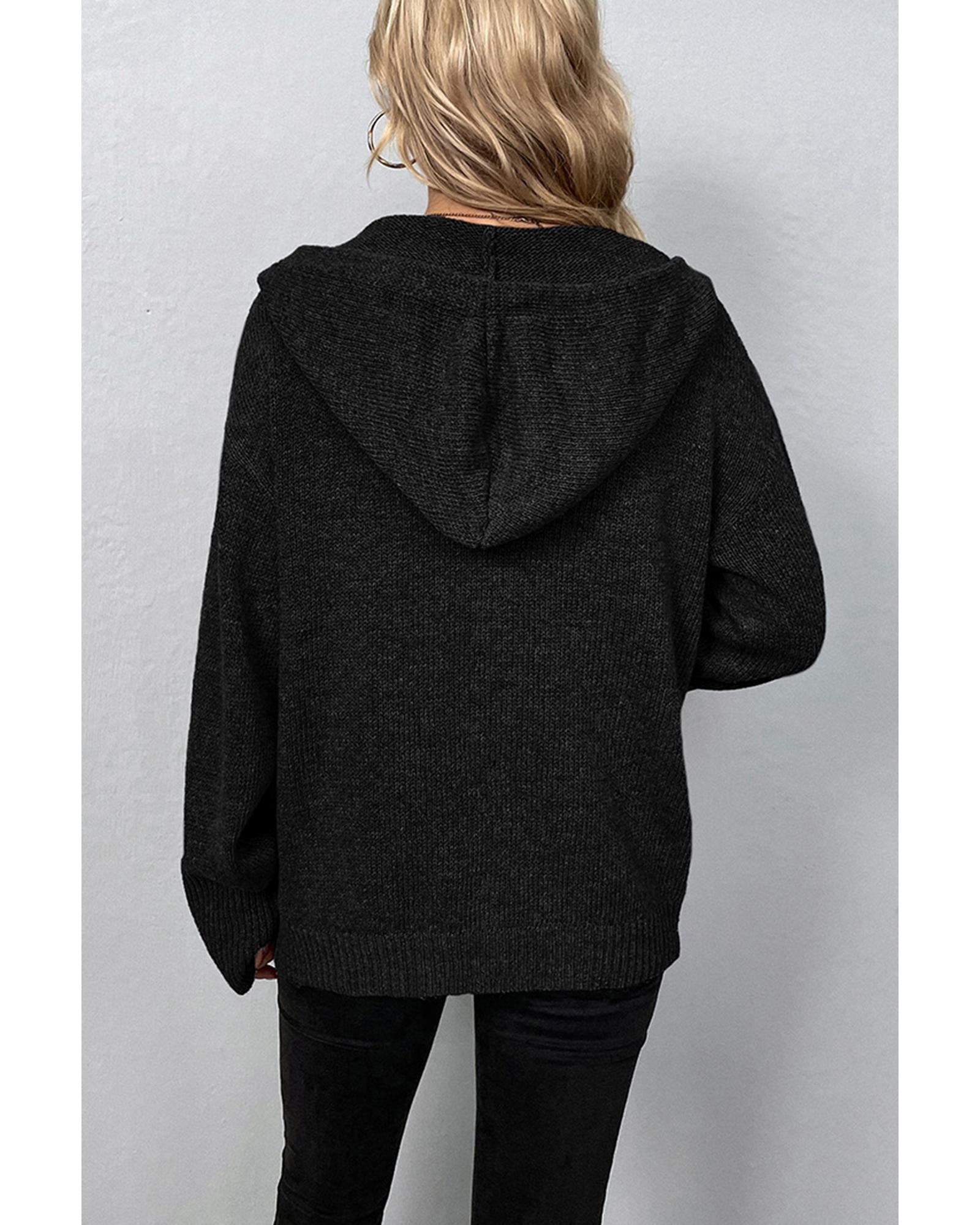 Black Drawstring Hooded Button Up Drop Shoulder Sweater Cardigan - S