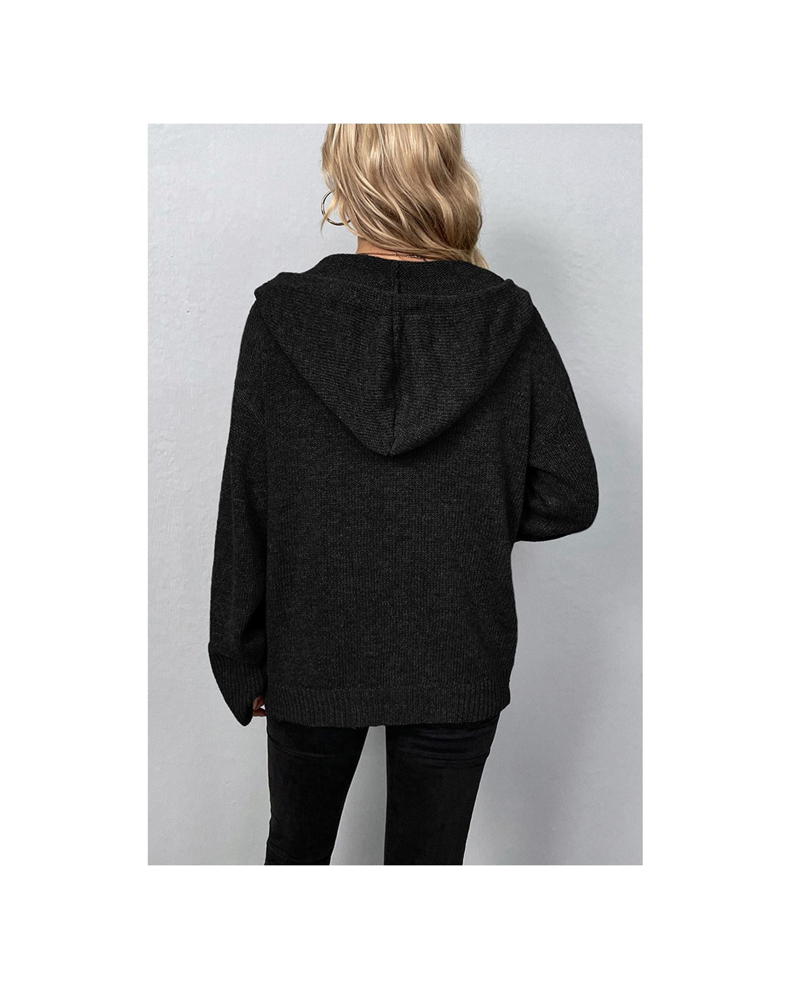Black Drawstring Hooded Button Up Drop Shoulder Sweater Cardigan - S