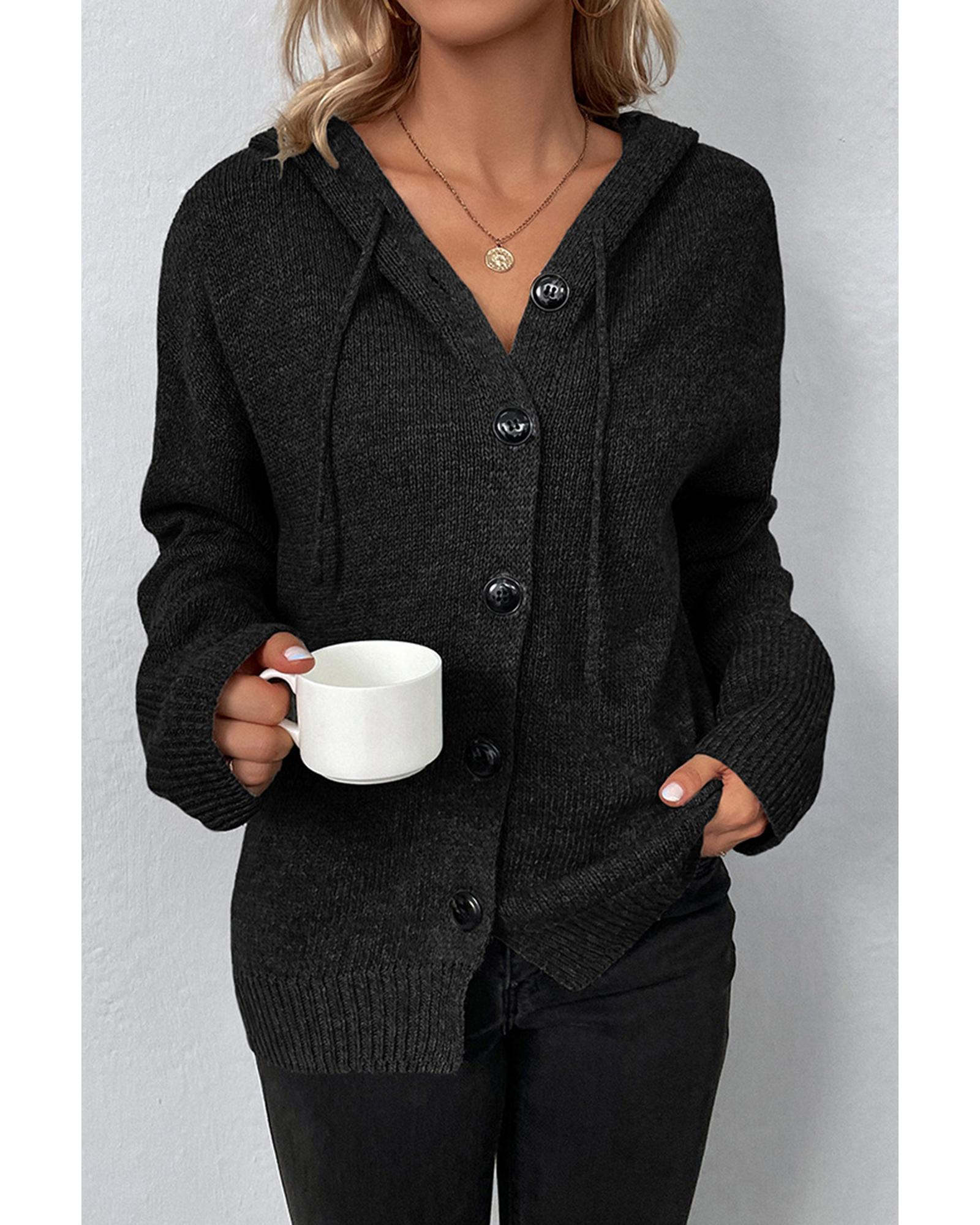 Black Drawstring Hooded Button Up Drop Shoulder Sweater Cardigan - S