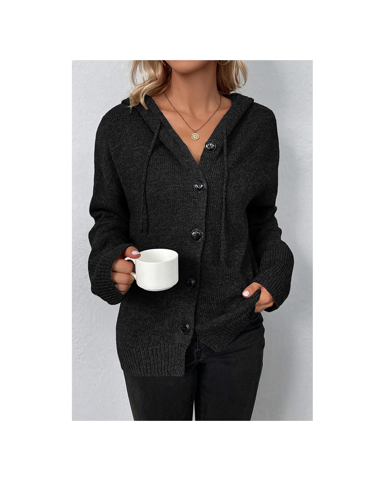Black Drawstring Hooded Button Up Drop Shoulder Sweater Cardigan - S