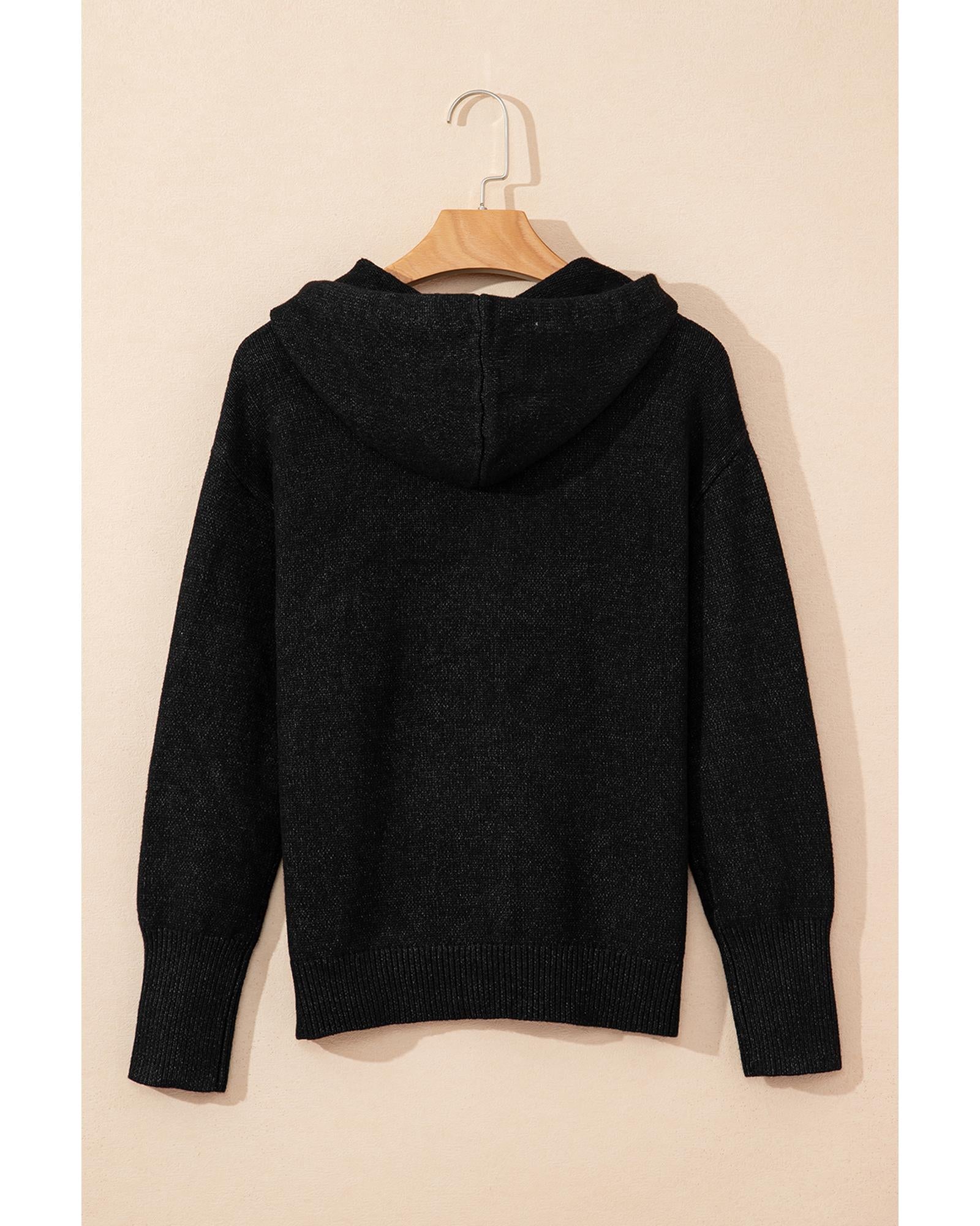 Black Drawstring Hooded Button Up Drop Shoulder Sweater Cardigan - S