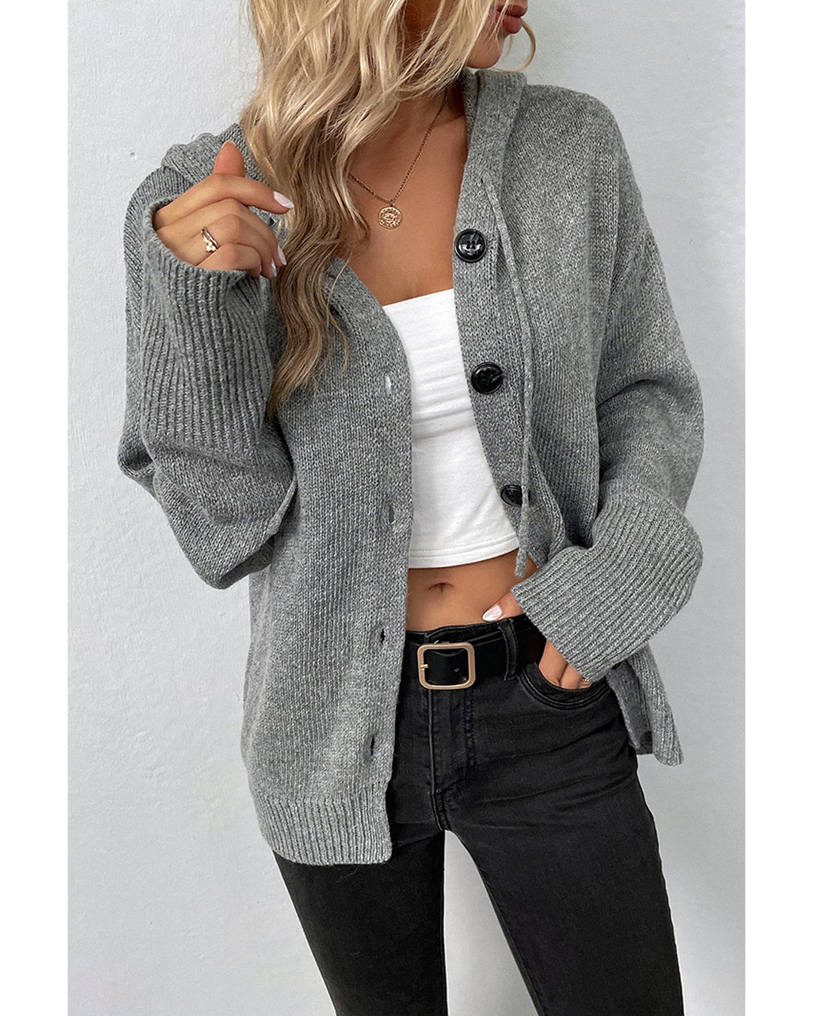 Medium Grey Drawstring Hooded Button Up Drop Shoulder Sweater Cardigan - S
