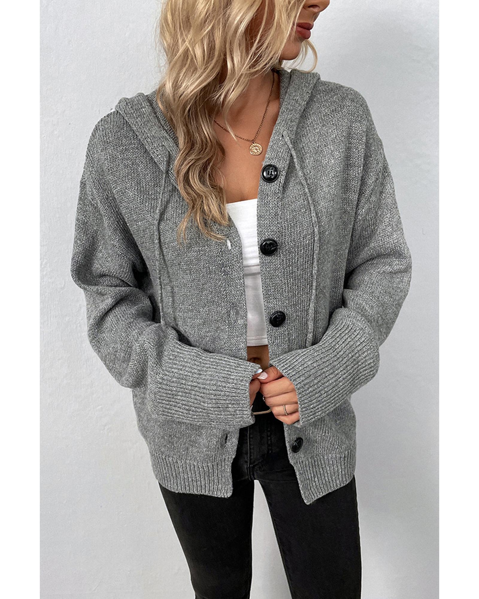 Medium Grey Drawstring Hooded Button Up Drop Shoulder Sweater Cardigan - S