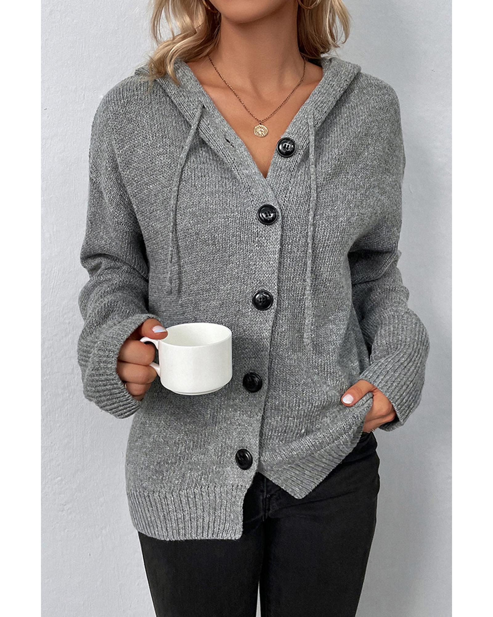 Medium Grey Drawstring Hooded Button Up Drop Shoulder Sweater Cardigan - S