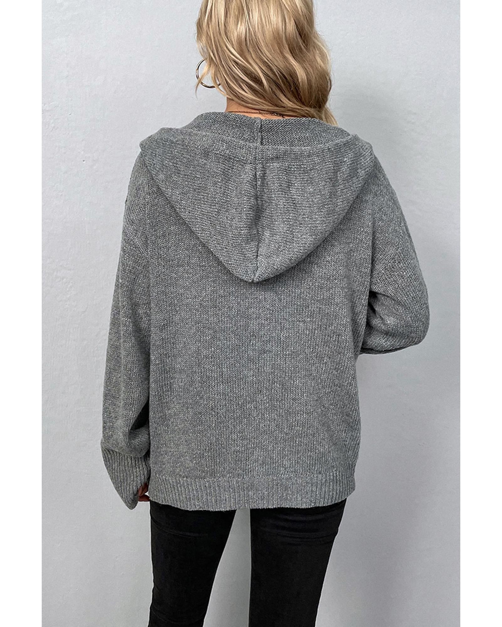 Medium Grey Drawstring Hooded Button Up Drop Shoulder Sweater Cardigan - S