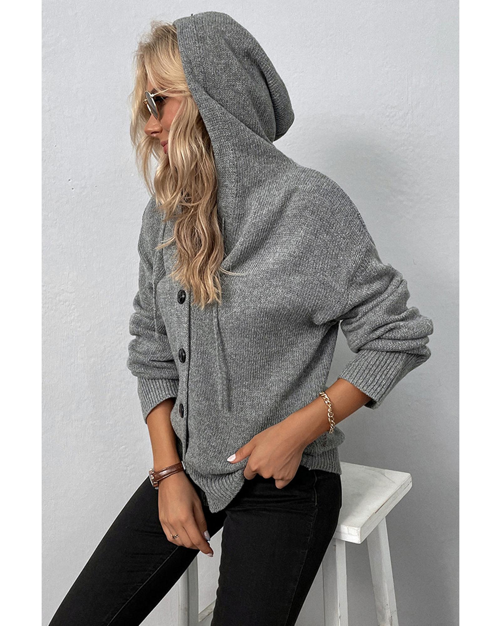 Medium Grey Drawstring Hooded Button Up Drop Shoulder Sweater Cardigan - S