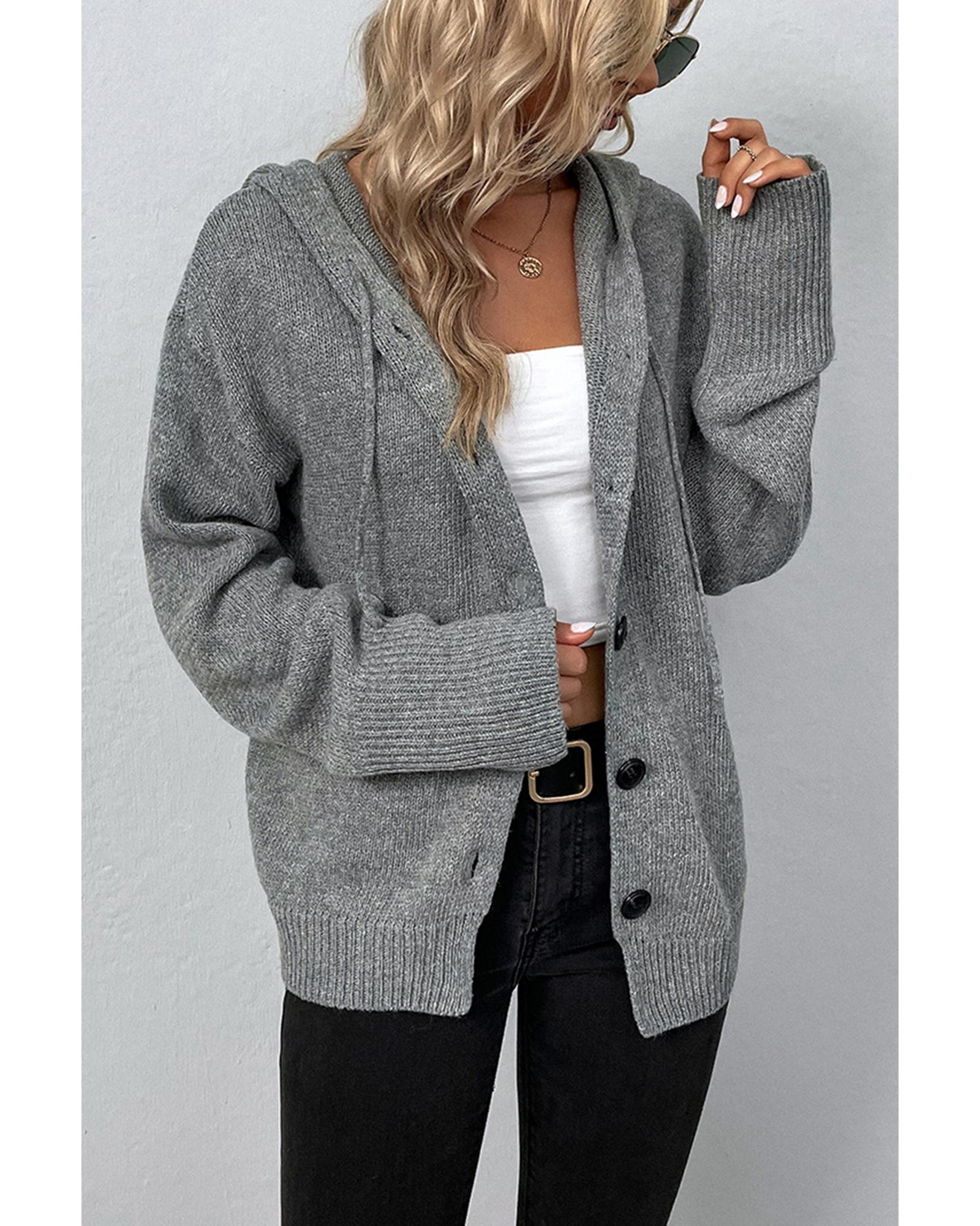 Medium Grey Drawstring Hooded Button Up Drop Shoulder Sweater Cardigan - S