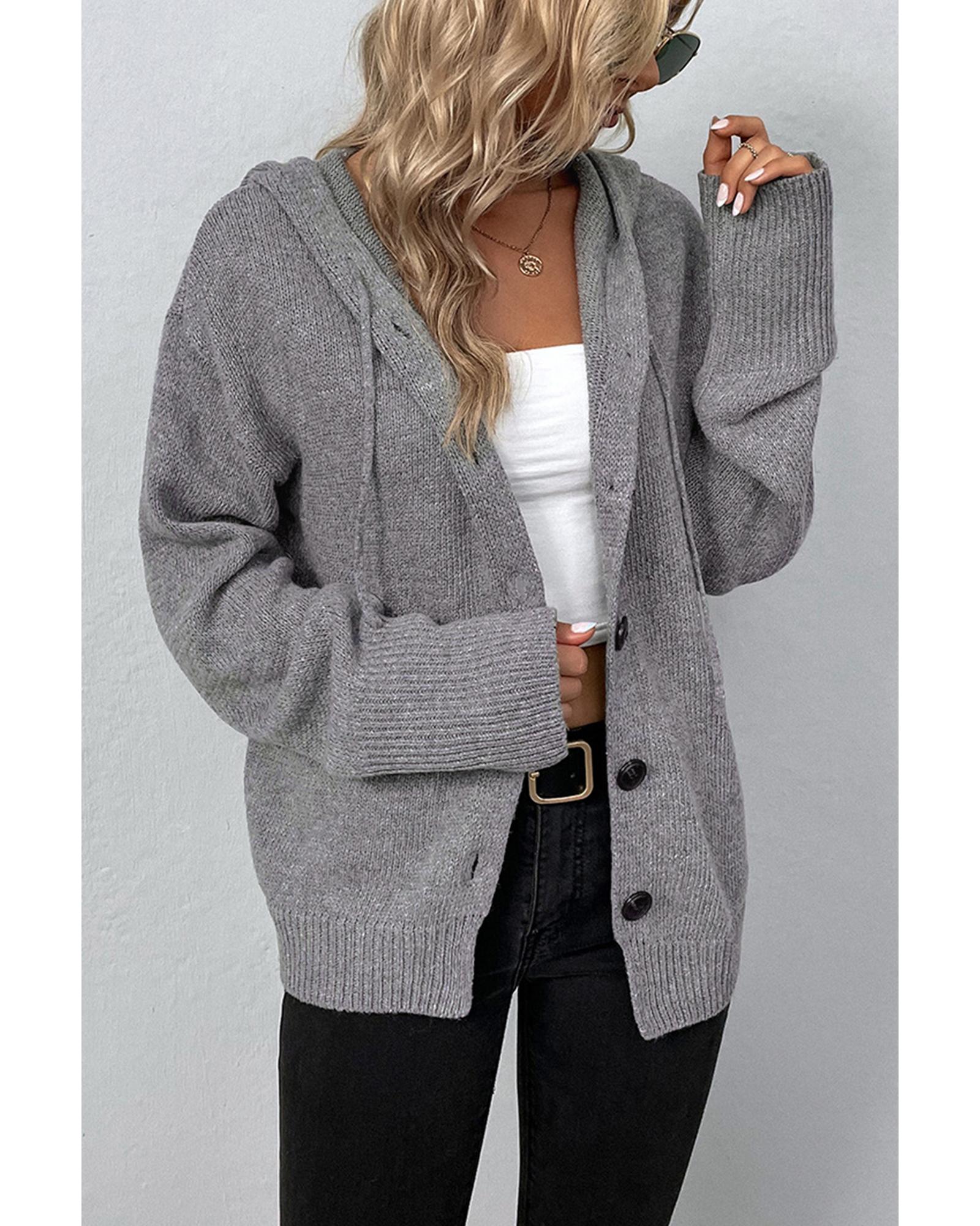 Medium Grey Drawstring Hooded Button Up Drop Shoulder Sweater Cardigan - S