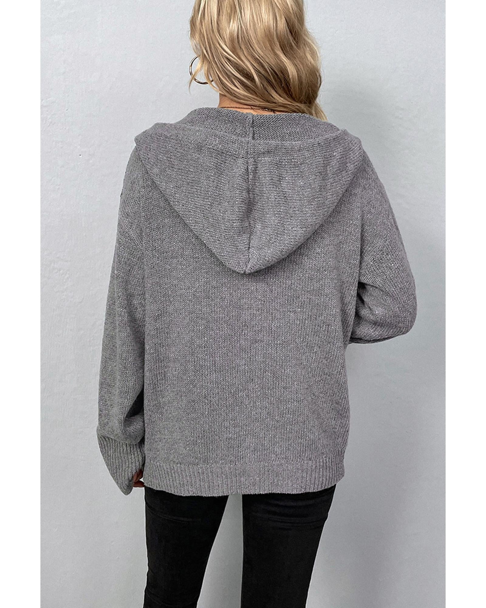 Medium Grey Drawstring Hooded Button Up Drop Shoulder Sweater Cardigan - S