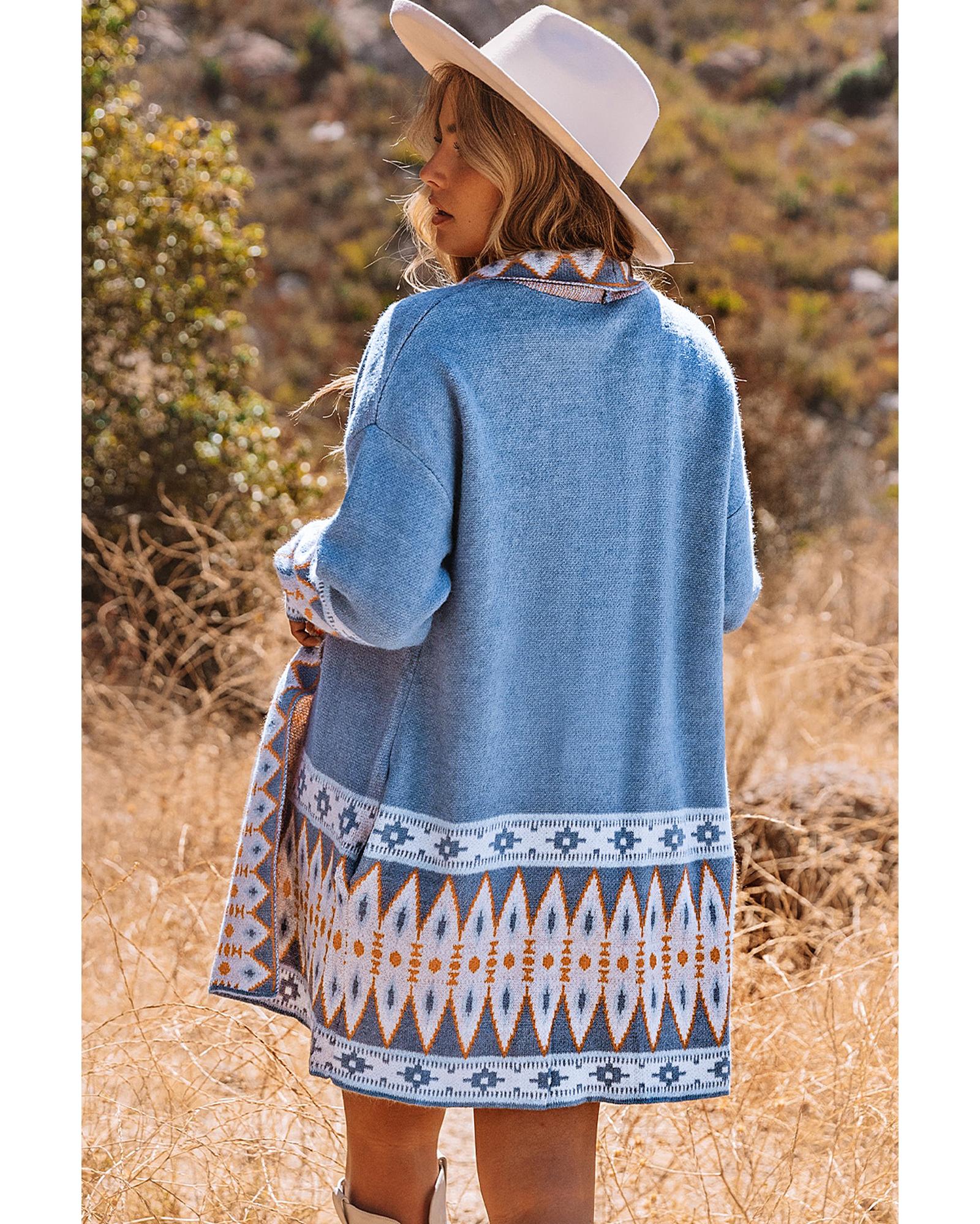 Azura Exchange Blue Aztec Print Open Front Knitted Cardigan - L