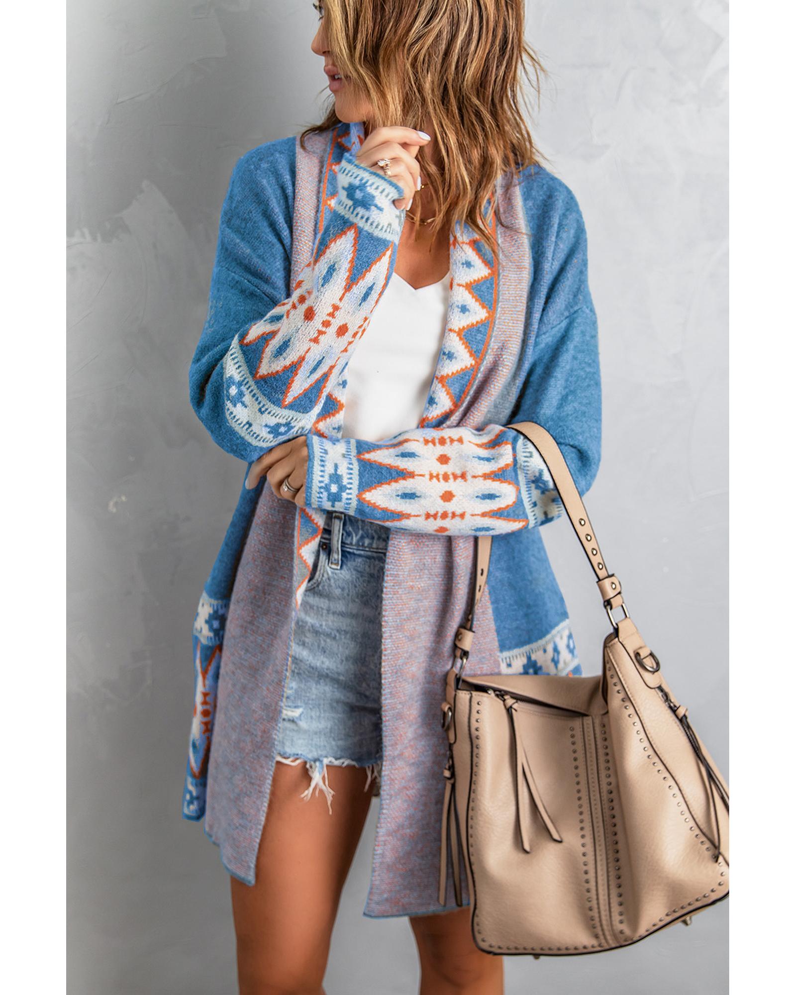 Azura Exchange Blue Aztec Print Open Front Knitted Cardigan - XL