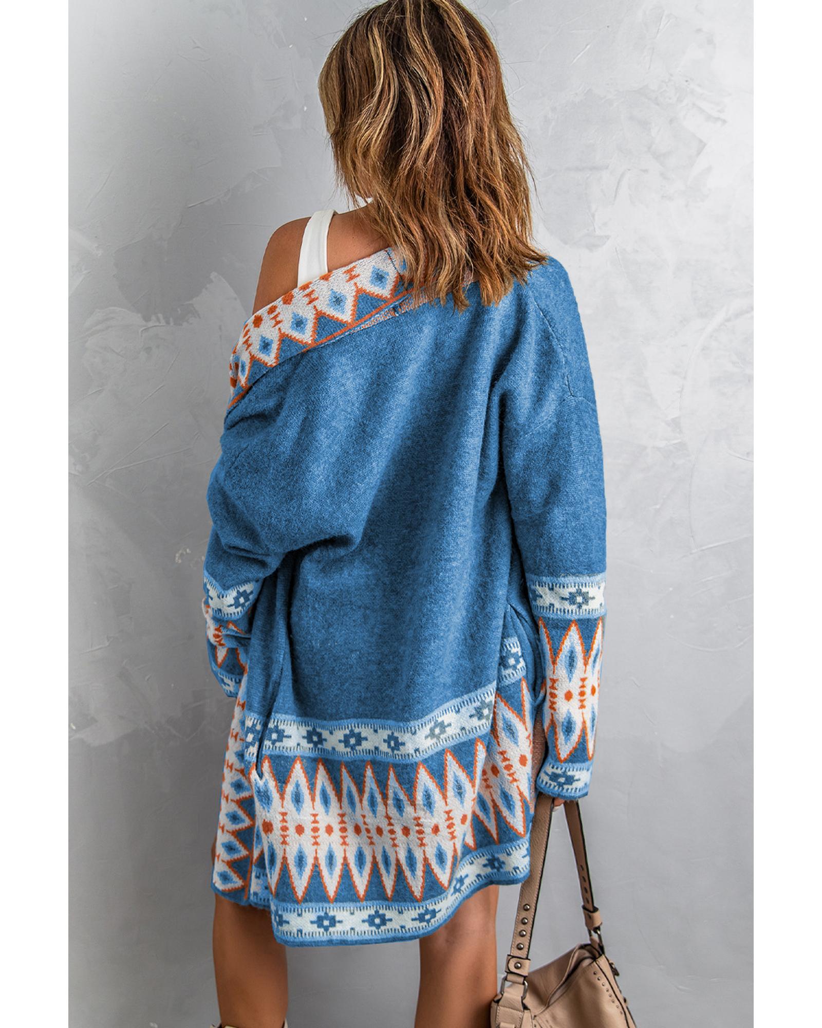 Azura Exchange Blue Aztec Print Open Front Knitted Cardigan - XL