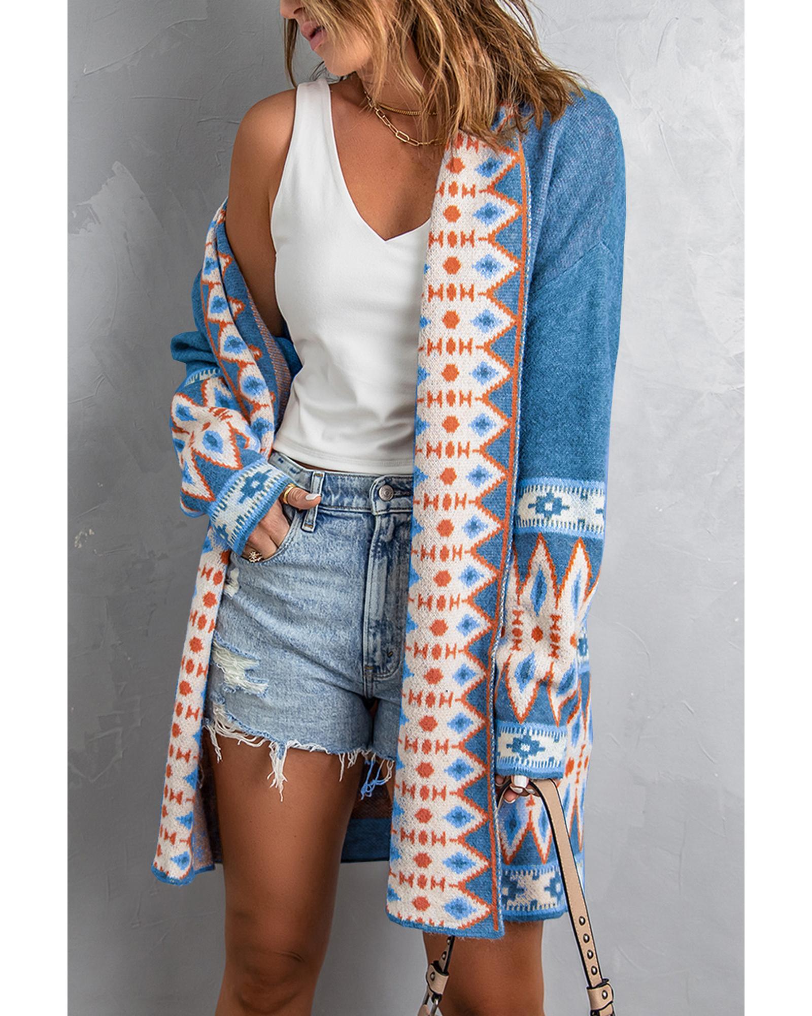 Azura Exchange Blue Aztec Print Open Front Knitted Cardigan - XL
