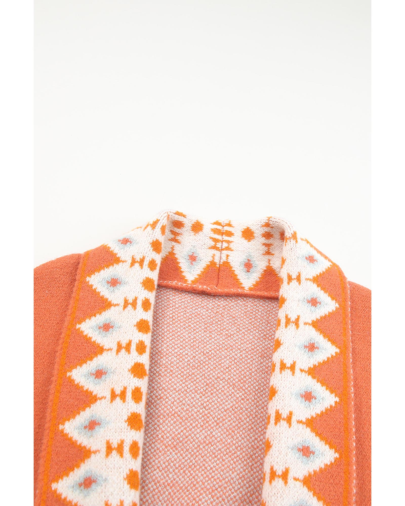 Orange Printed Aztec Print Open Front Knitted Cardigan - L