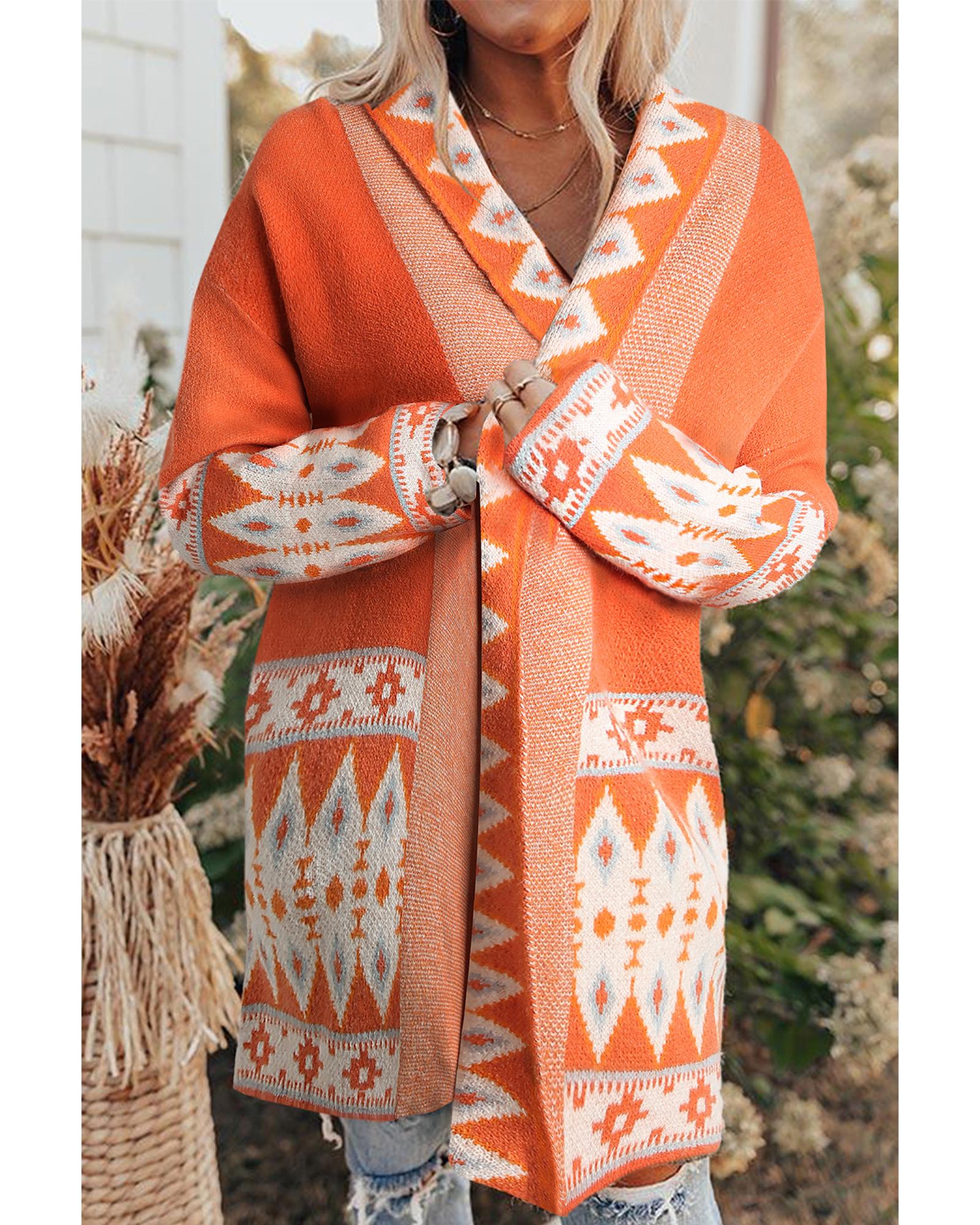 Orange Printed Aztec Print Open Front Knitted Cardigan - L