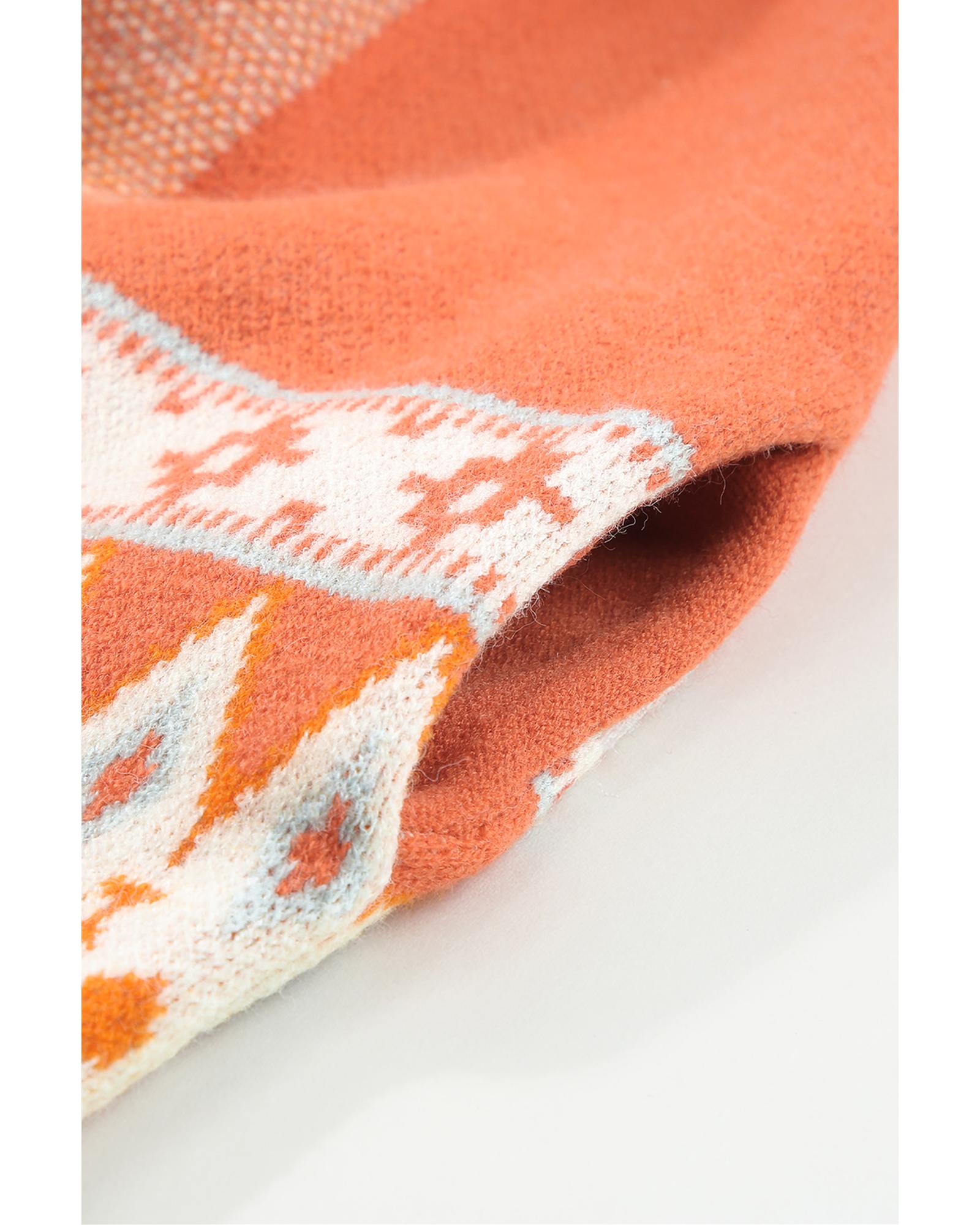 Orange Printed Aztec Print Open Front Knitted Cardigan - L
