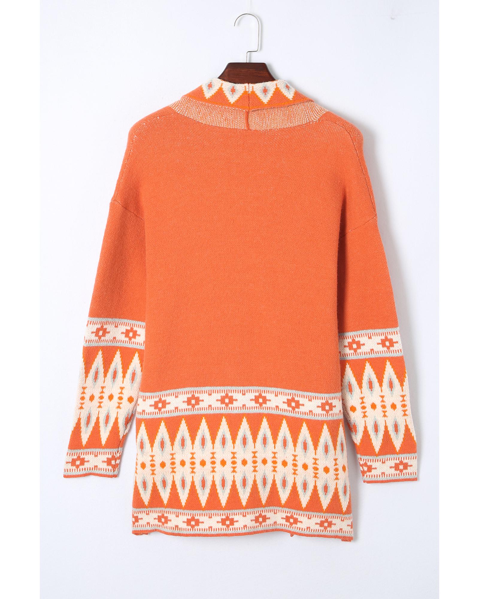Orange Printed Aztec Print Open Front Knitted Cardigan - L