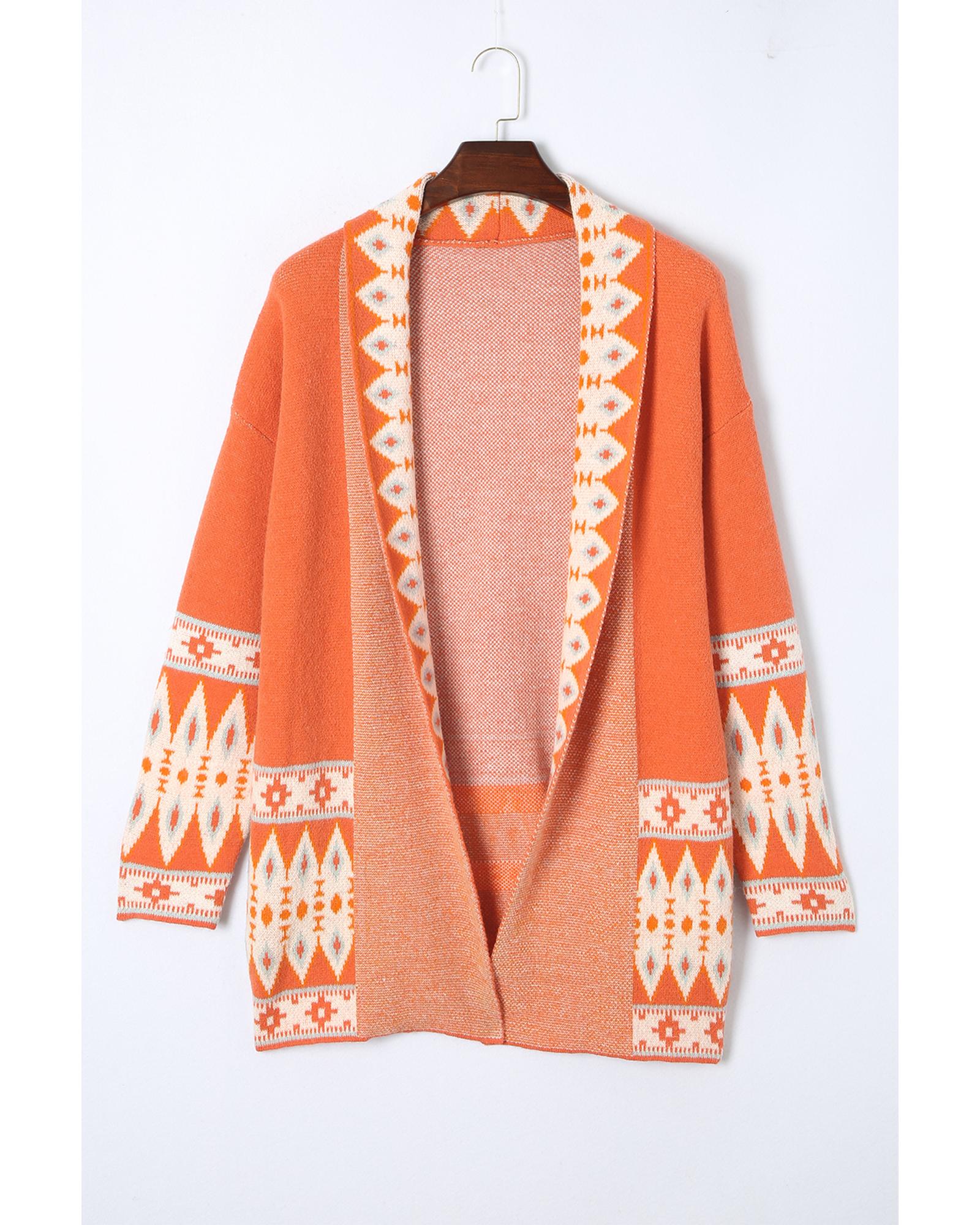 Orange Printed Aztec Print Open Front Knitted Cardigan - S