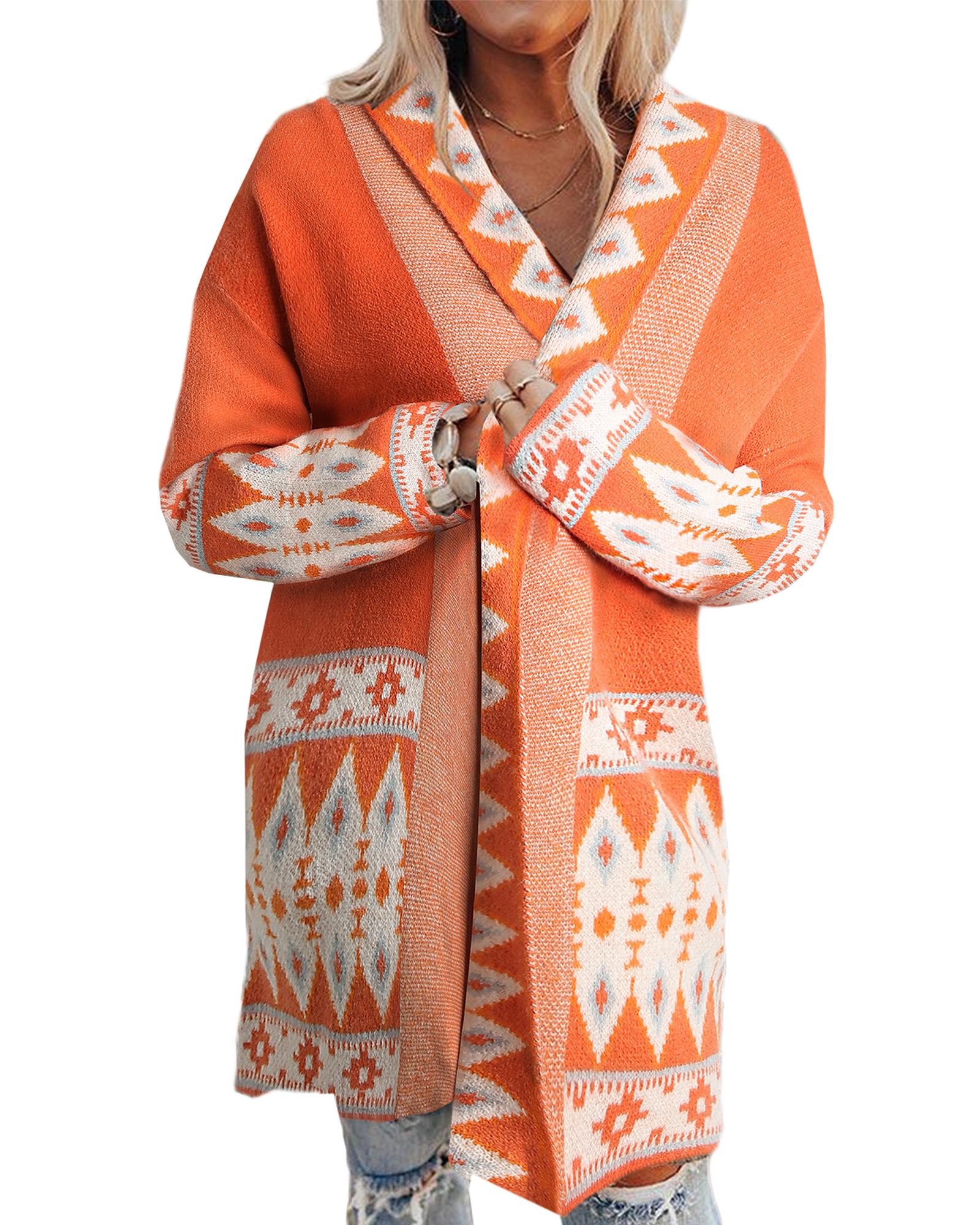 Orange Printed Aztec Print Open Front Knitted Cardigan - XL