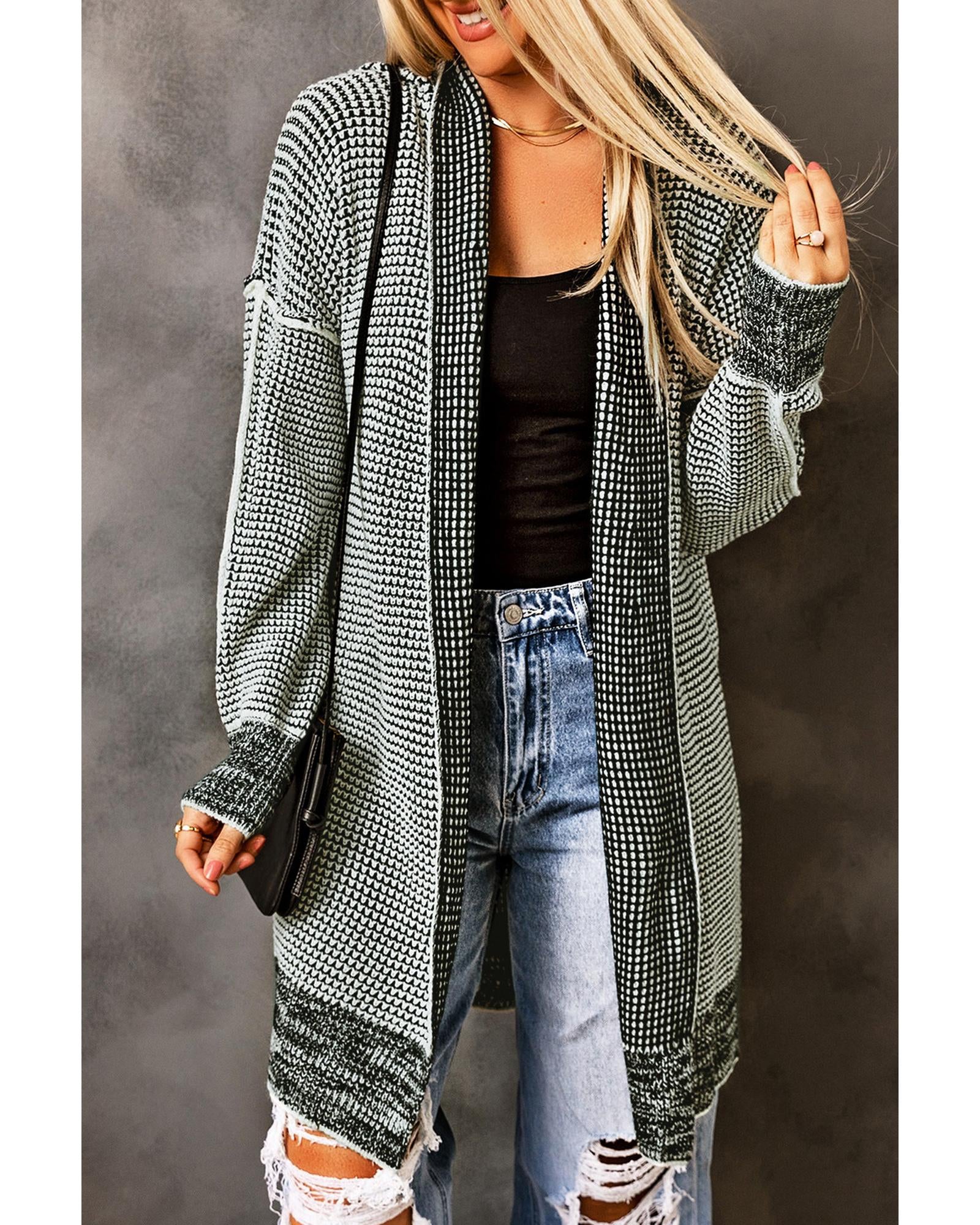 Azura Exchange Gray Plaid Knitted Long Open Front Cardigan - M