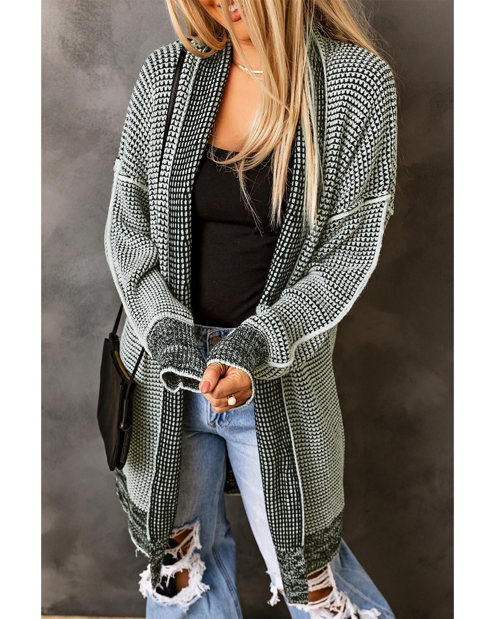 Azura Exchange Gray Plaid Knitted Long Open Front Cardigan - S