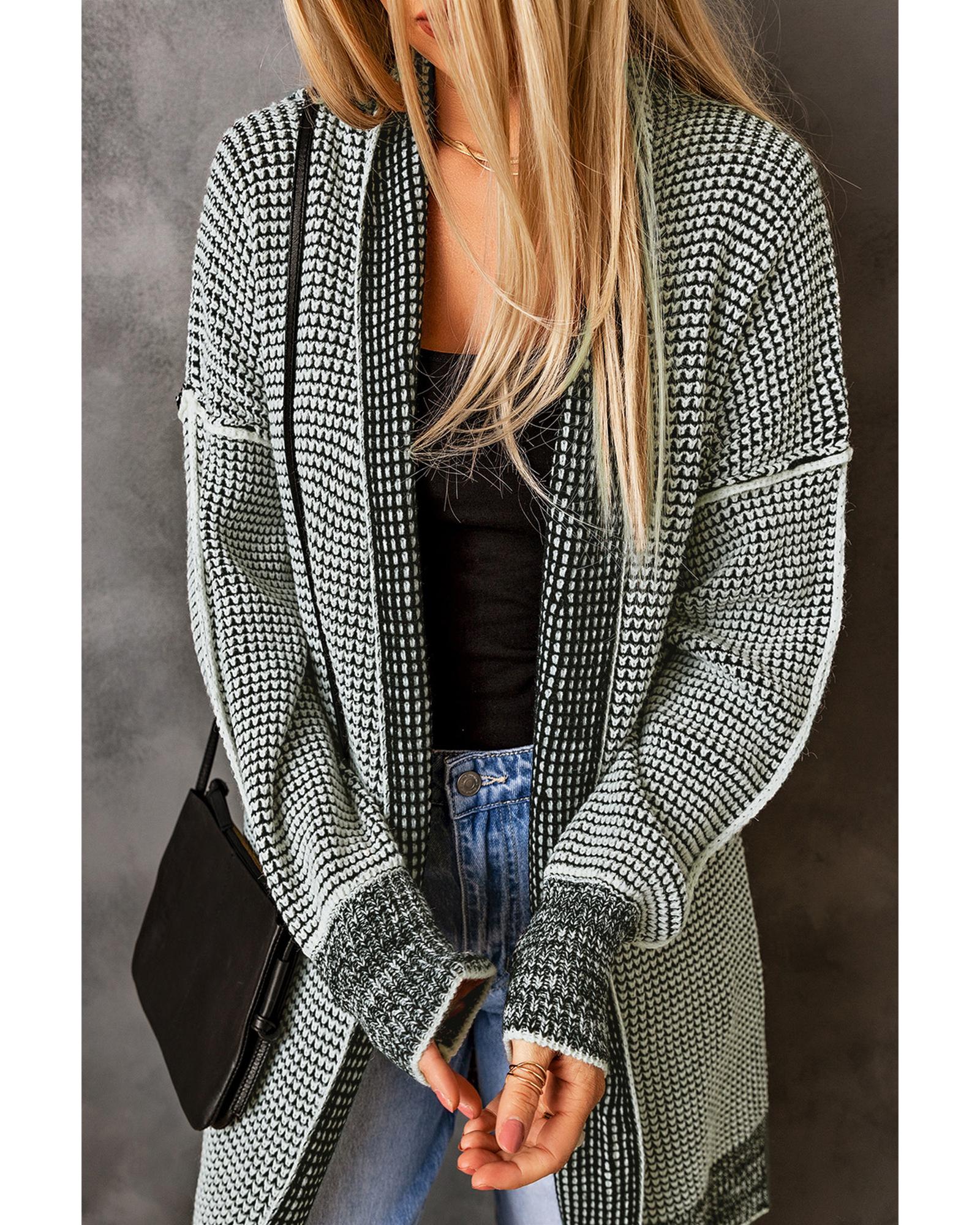 Azura Exchange Gray Plaid Knitted Long Open Front Cardigan - S