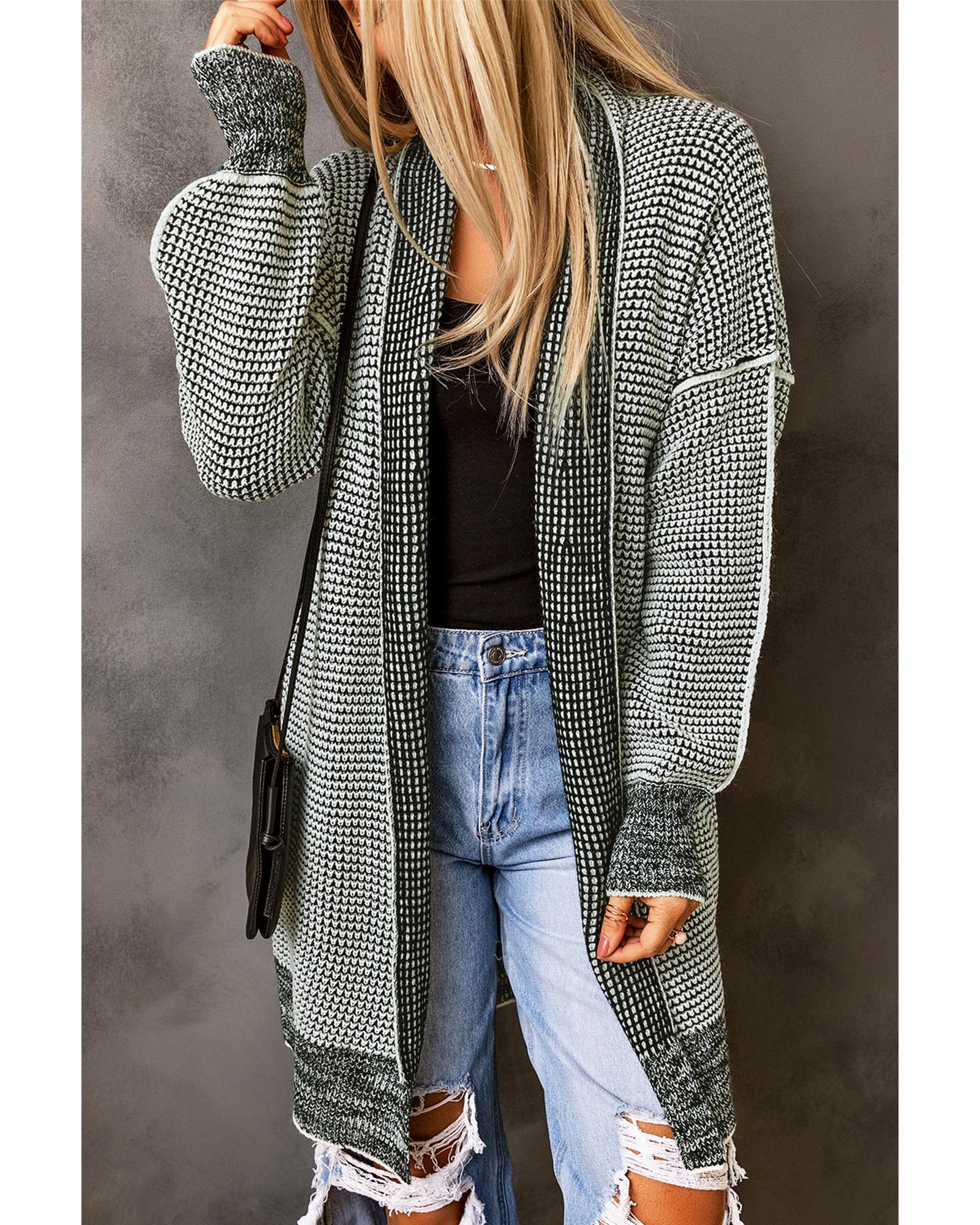 Azura Exchange Gray Plaid Knitted Long Open Front Cardigan - XL