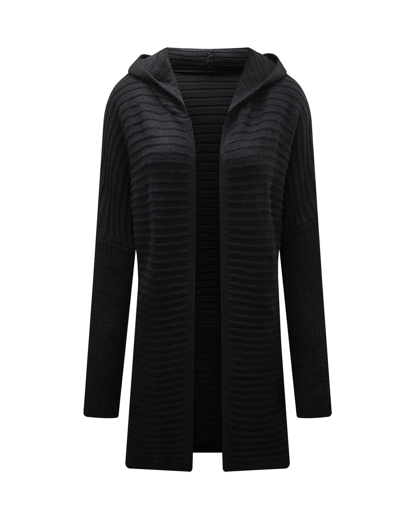 Black Horizontal Rib Knitted Open Front Hooded Cardigan - L