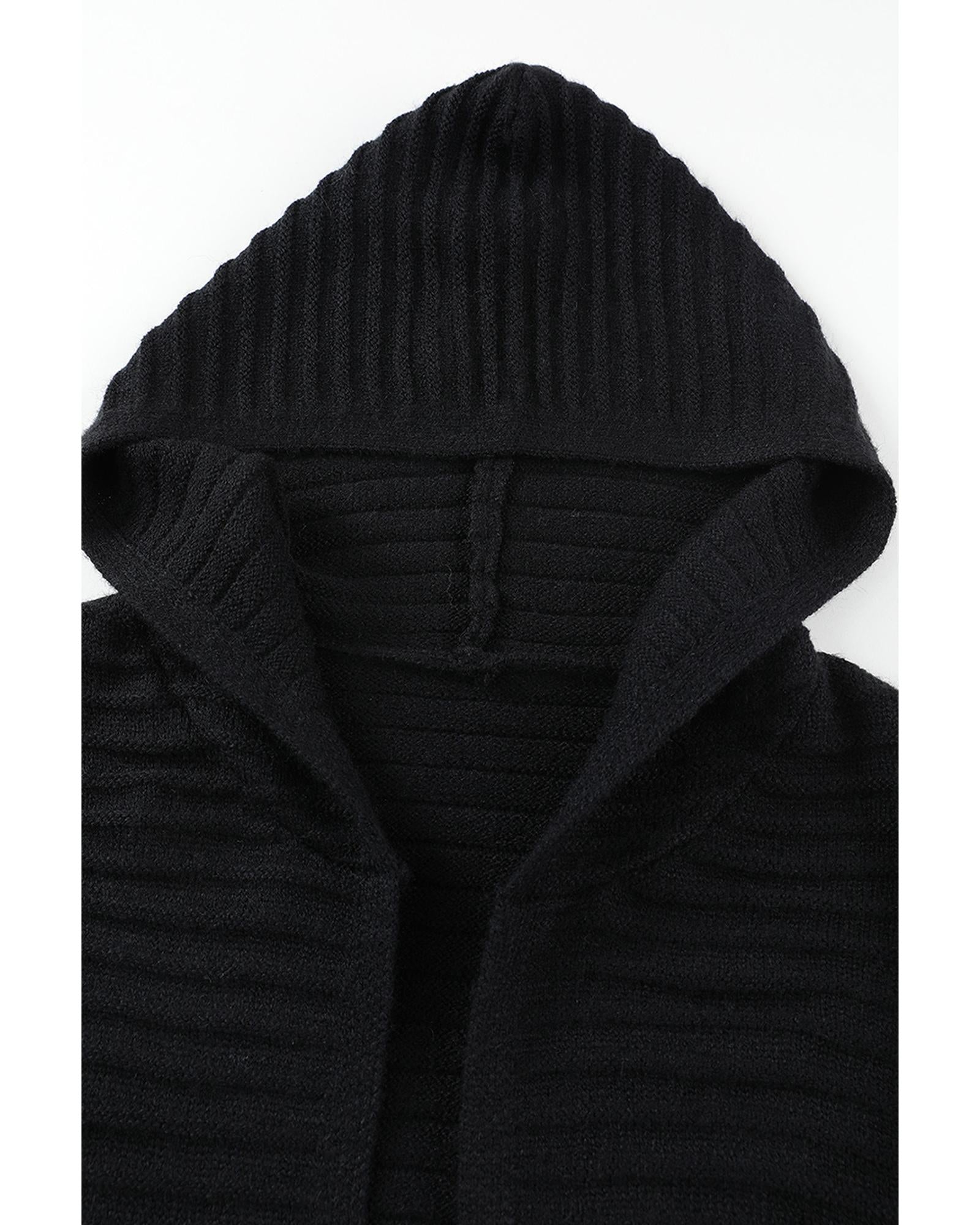 Black Horizontal Rib Knitted Open Front Hooded Cardigan - L