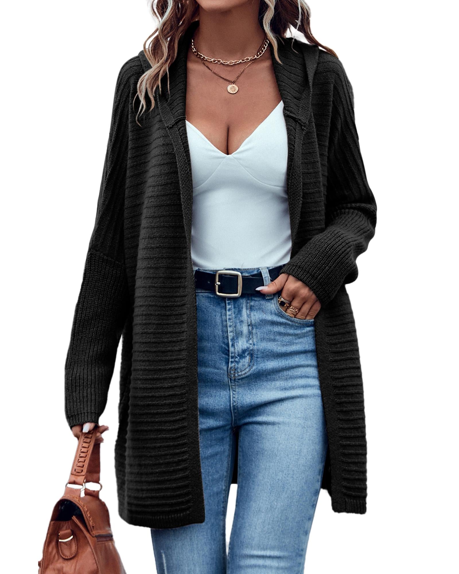 Black Horizontal Rib Knitted Open Front Hooded Cardigan - M