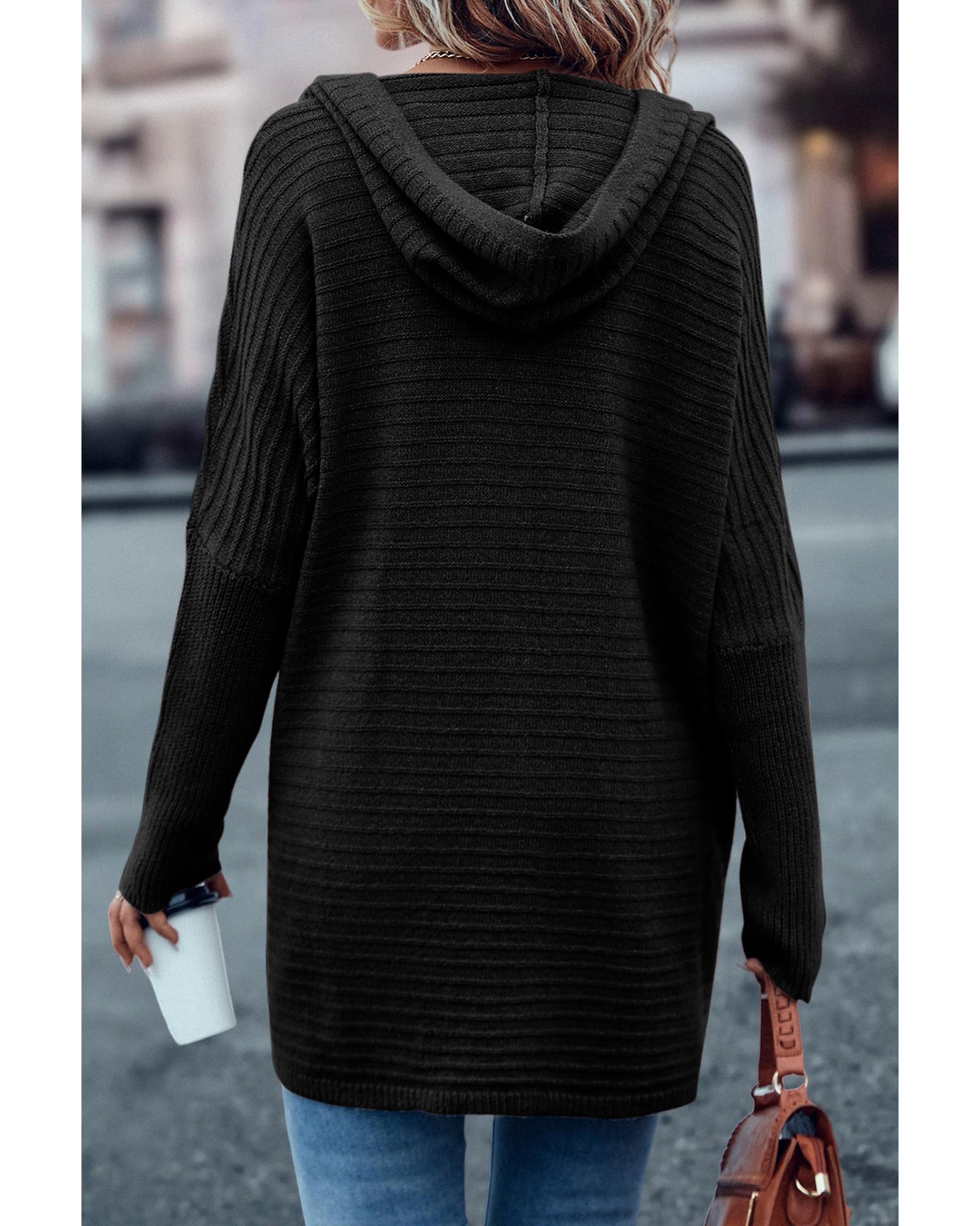 Black Horizontal Rib Knitted Open Front Hooded Cardigan - M