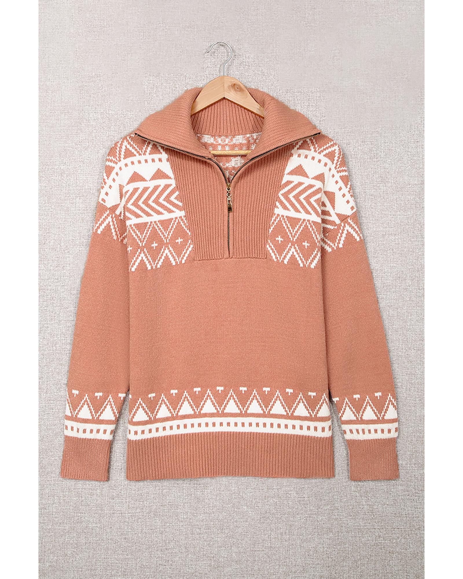 Azura Exchange Pink Geometry Knit Quarter Zip Sweater - L