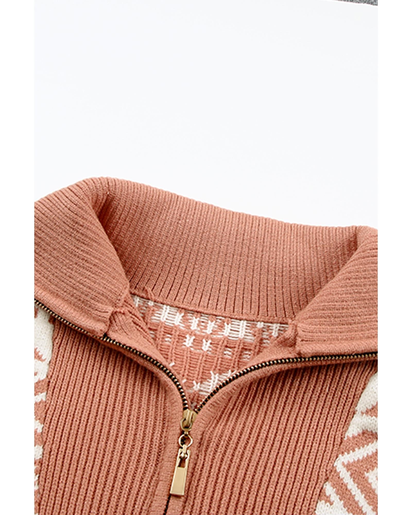Azura Exchange Pink Geometry Knit Quarter Zip Sweater - L