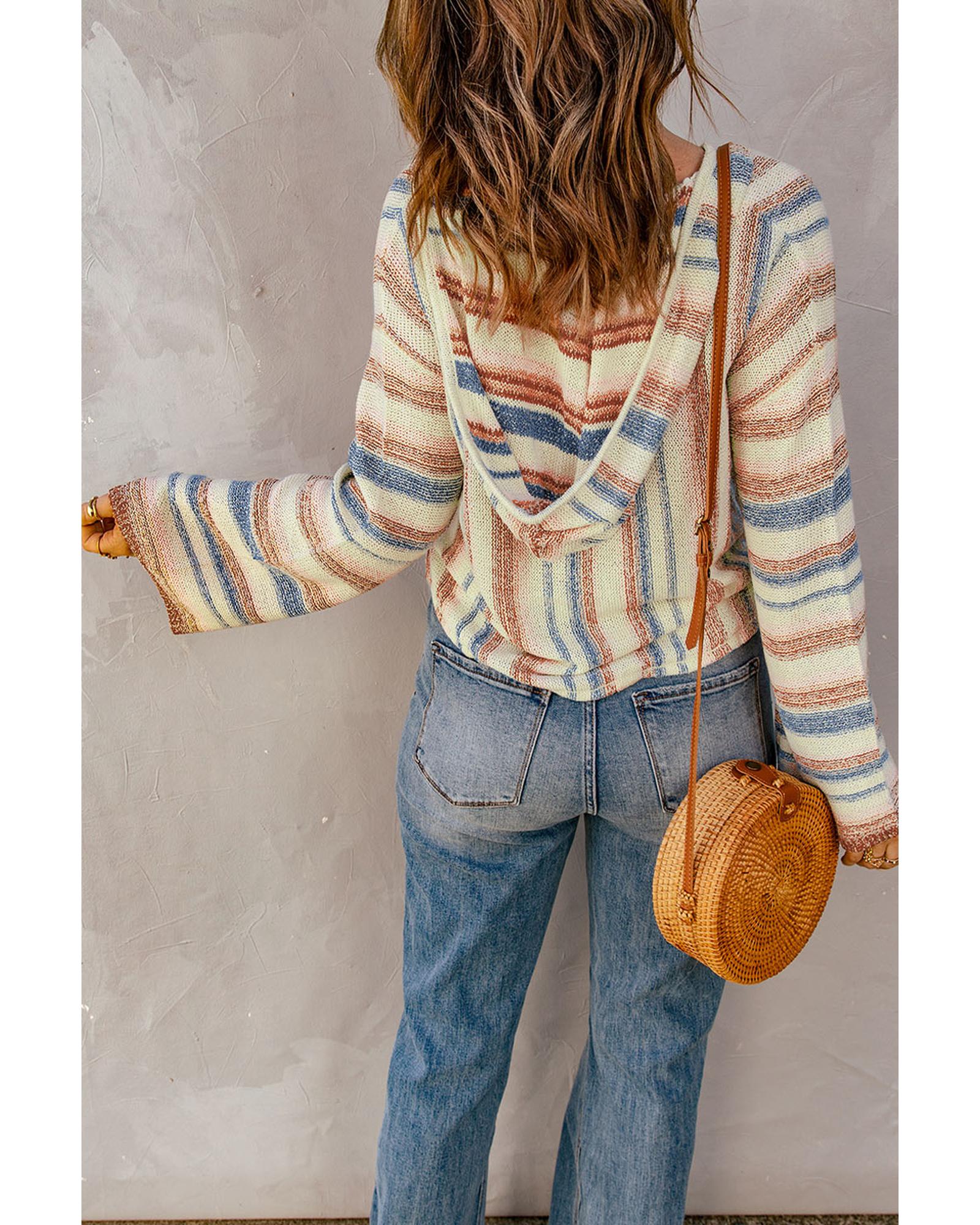 Multicolor Striped Knit Kangaroo Pocket Hooded Sweater - XL