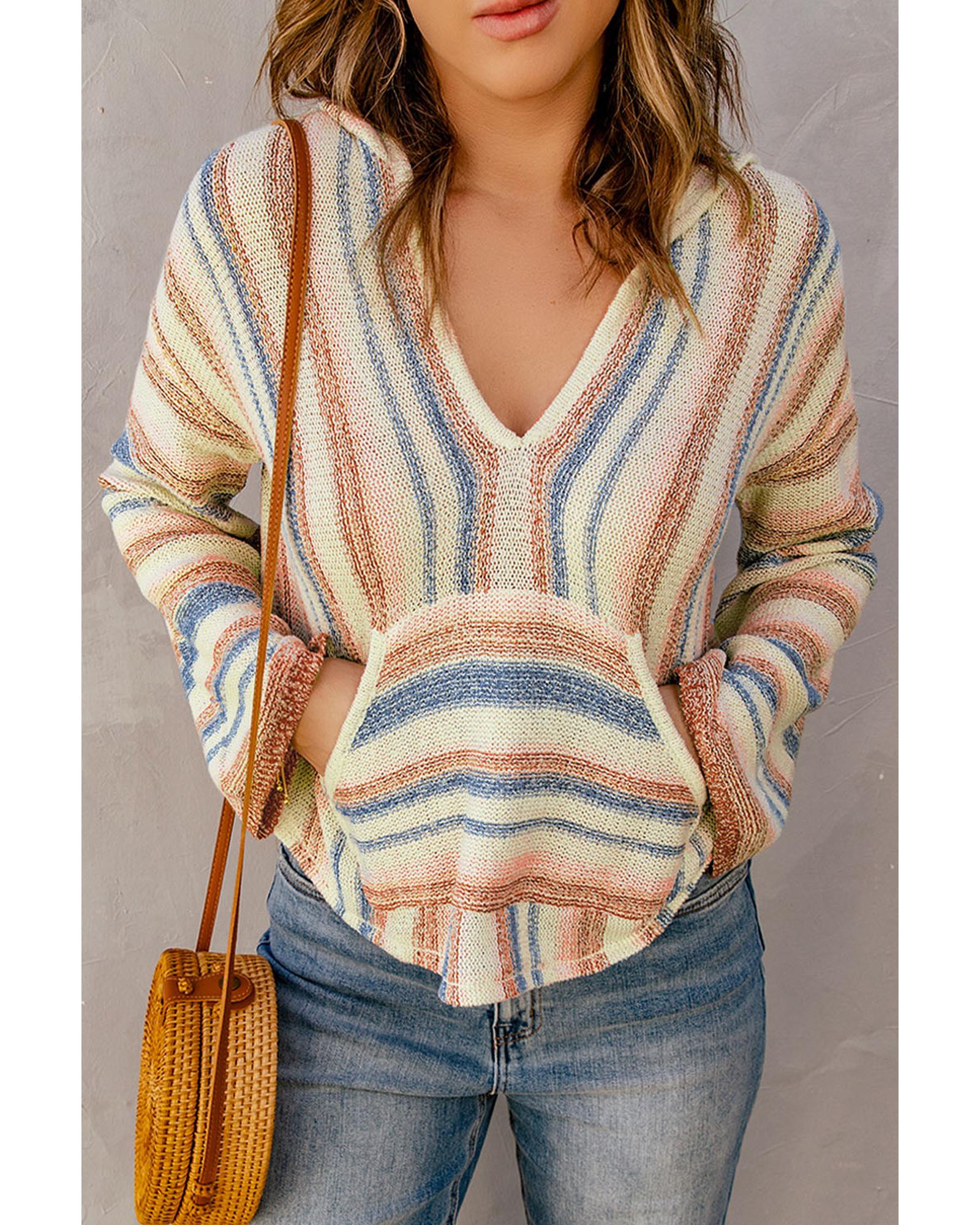 Multicolor Striped Knit Kangaroo Pocket Hooded Sweater - XL