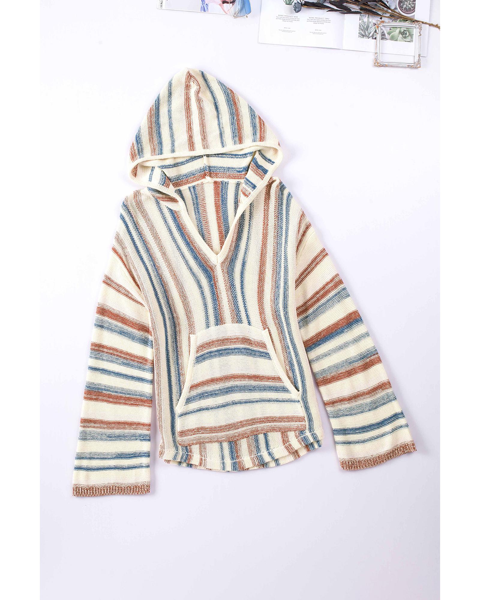 Multicolor Striped Knit Kangaroo Pocket Hooded Sweater - XL