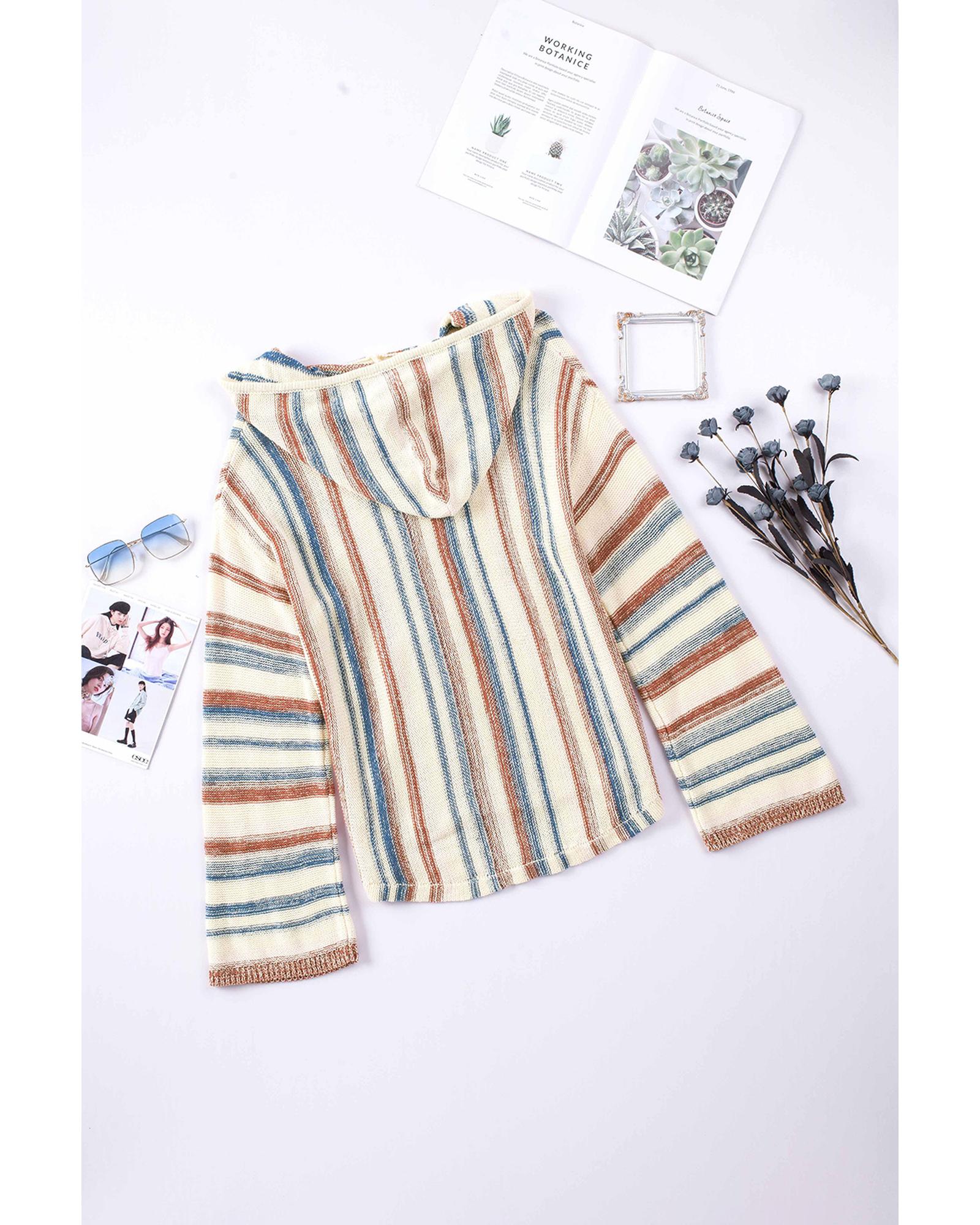 Multicolor Striped Knit Kangaroo Pocket Hooded Sweater - XL