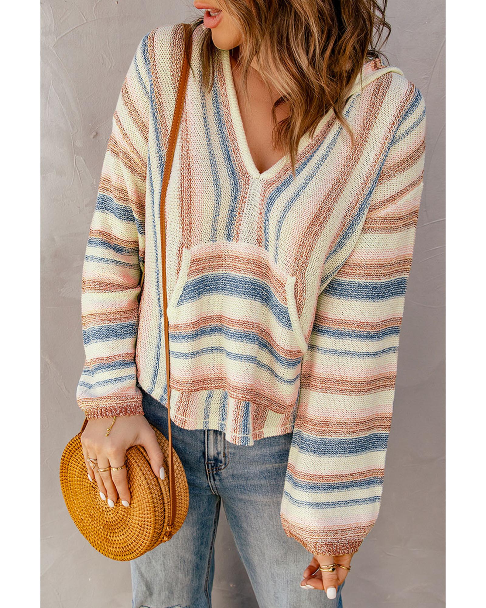 Multicolor Striped Knit Kangaroo Pocket Hooded Sweater - XL