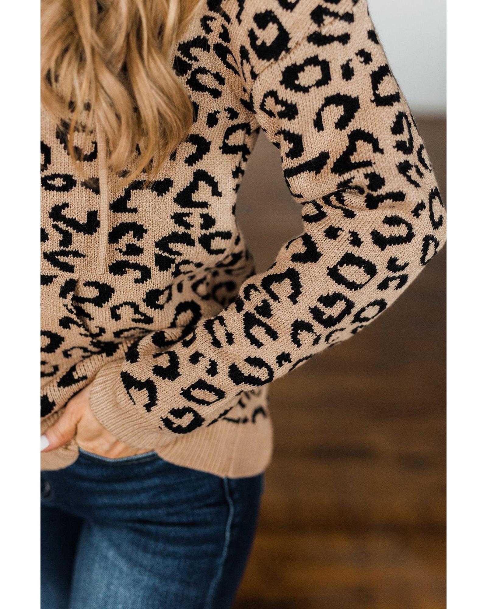 Khaki Leopard Knitted Drawstring Hooded Sweater - L